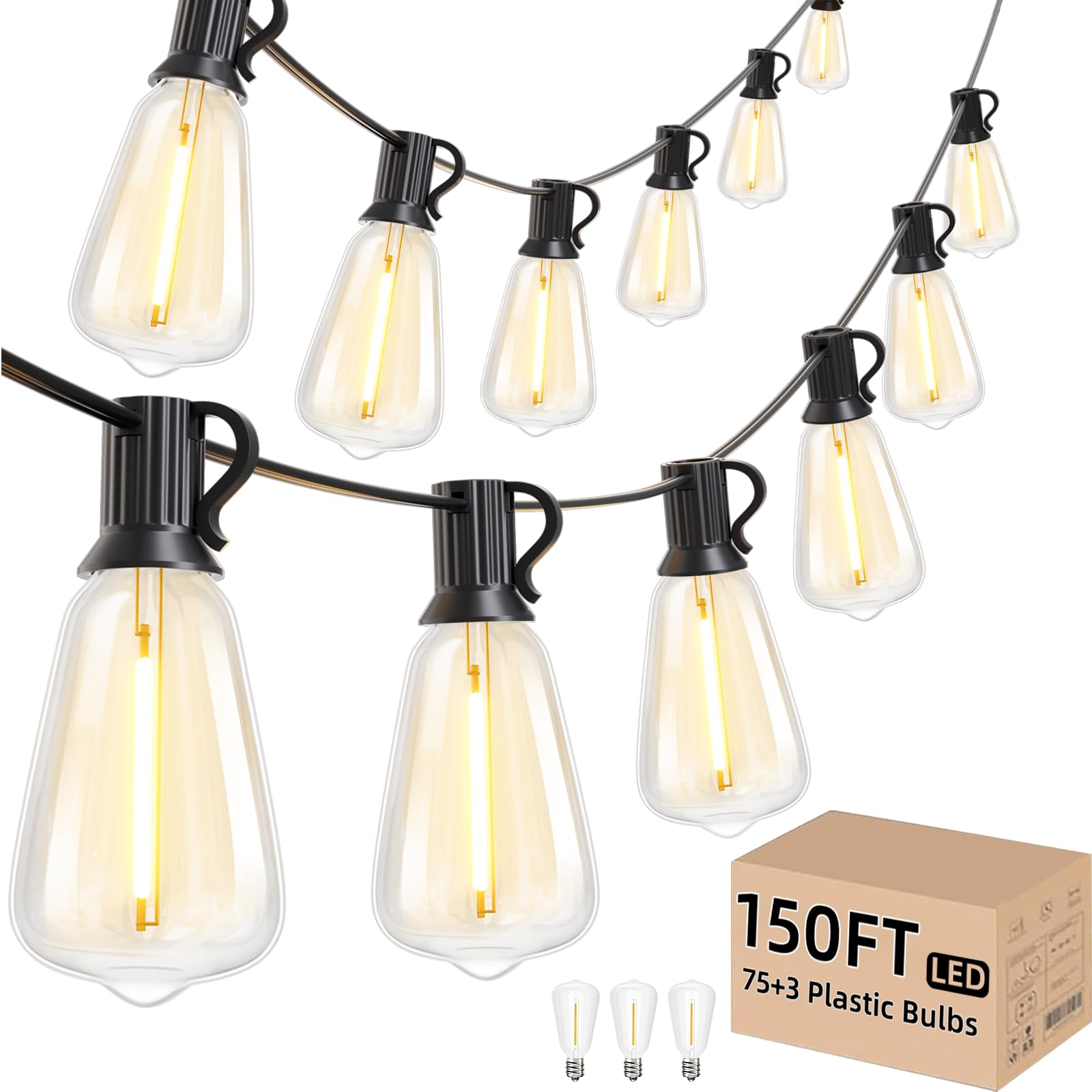 Svater Outdoor String Lights 150 FT, ST38 Patio Lights with 78 pcs Shatterproof Dimmable Vintage Edison Bulbs, Weatherproof Warm