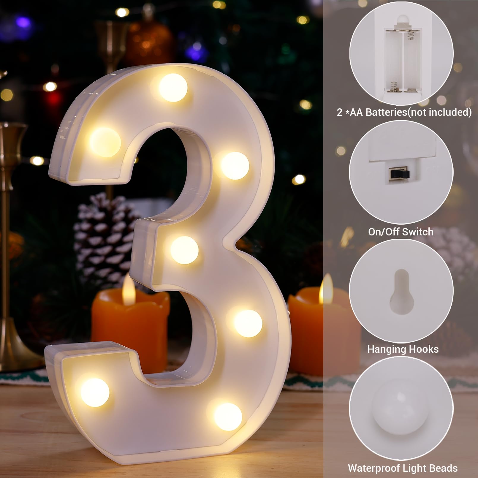 Tronsboo Led Marquee Sign Light Up Letters, Alphabet Light Up Letters Sign, Battery Powered Led Letter Lights For Night Light, Wedding, Birthday, Party, Christmas Or Home Decor (Number 3)