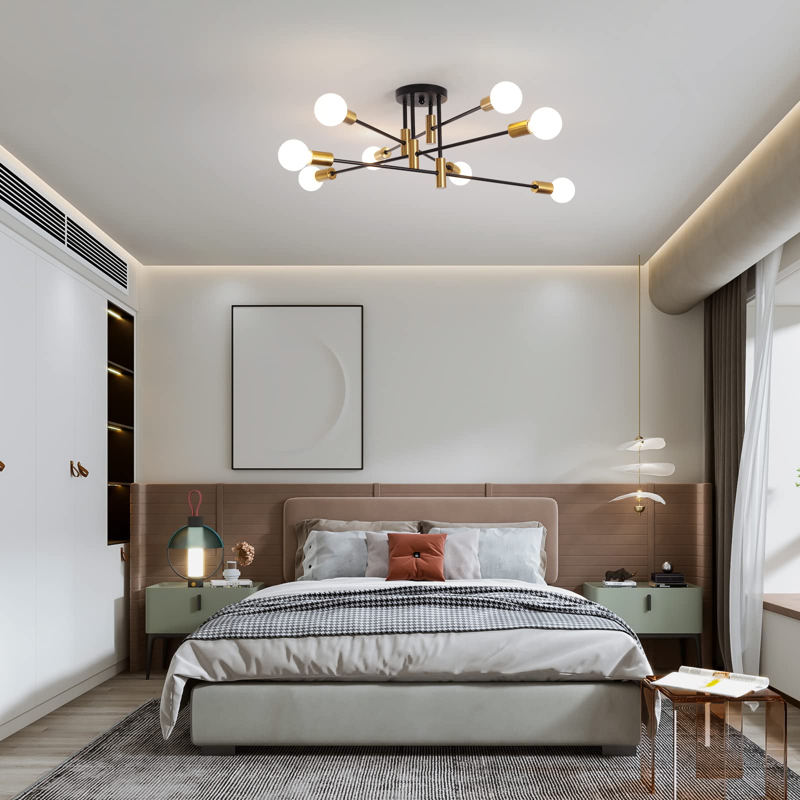 Garwarm 8-Light Black And Gold Sputnik Chandelier, Mid-Century Modern Industrial Semi-Flush Mount Ceiling Light, 11.4In X 31.9In