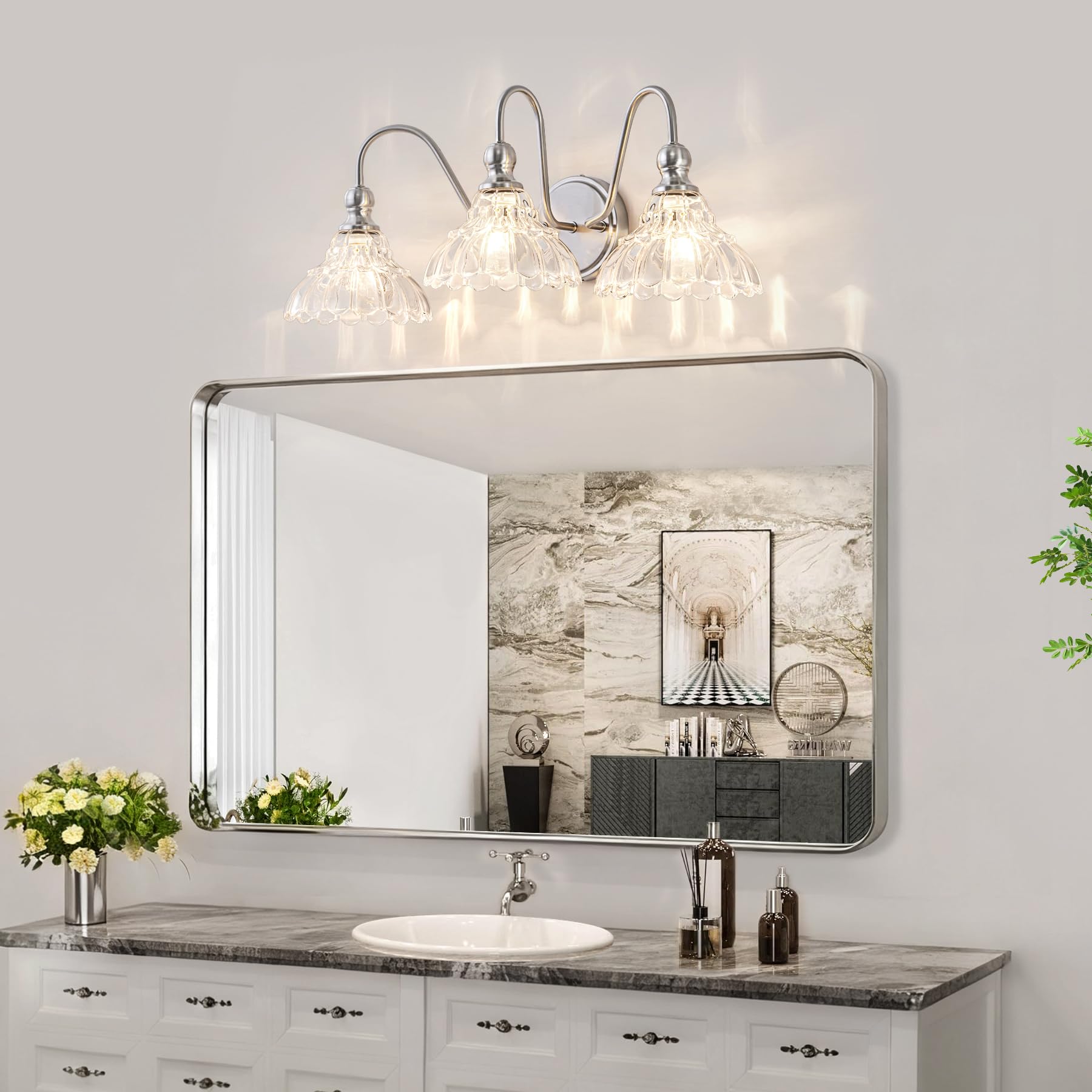 BrkNit 3-Light Vintage Bathroom Wall Sconce - Brushed Nickel with Flower Glass Shade, Farmhouse Vanity Lighting for Living Room, Kitchen, Hallway