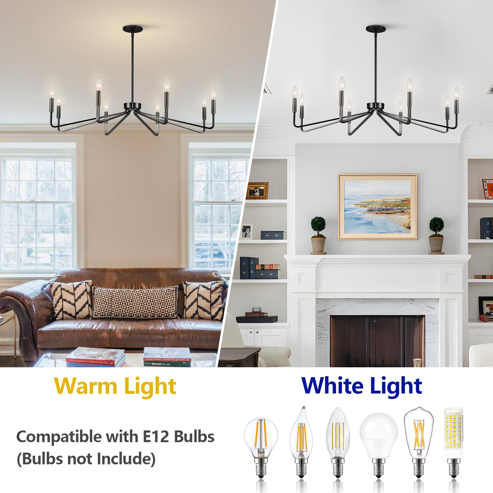 Acaner 38'' Black Chandeliers For Dining Room, 8-Light Modern Farmhouse Candle Style Chandelier, Industrial Hanging Ceiling Ligh
