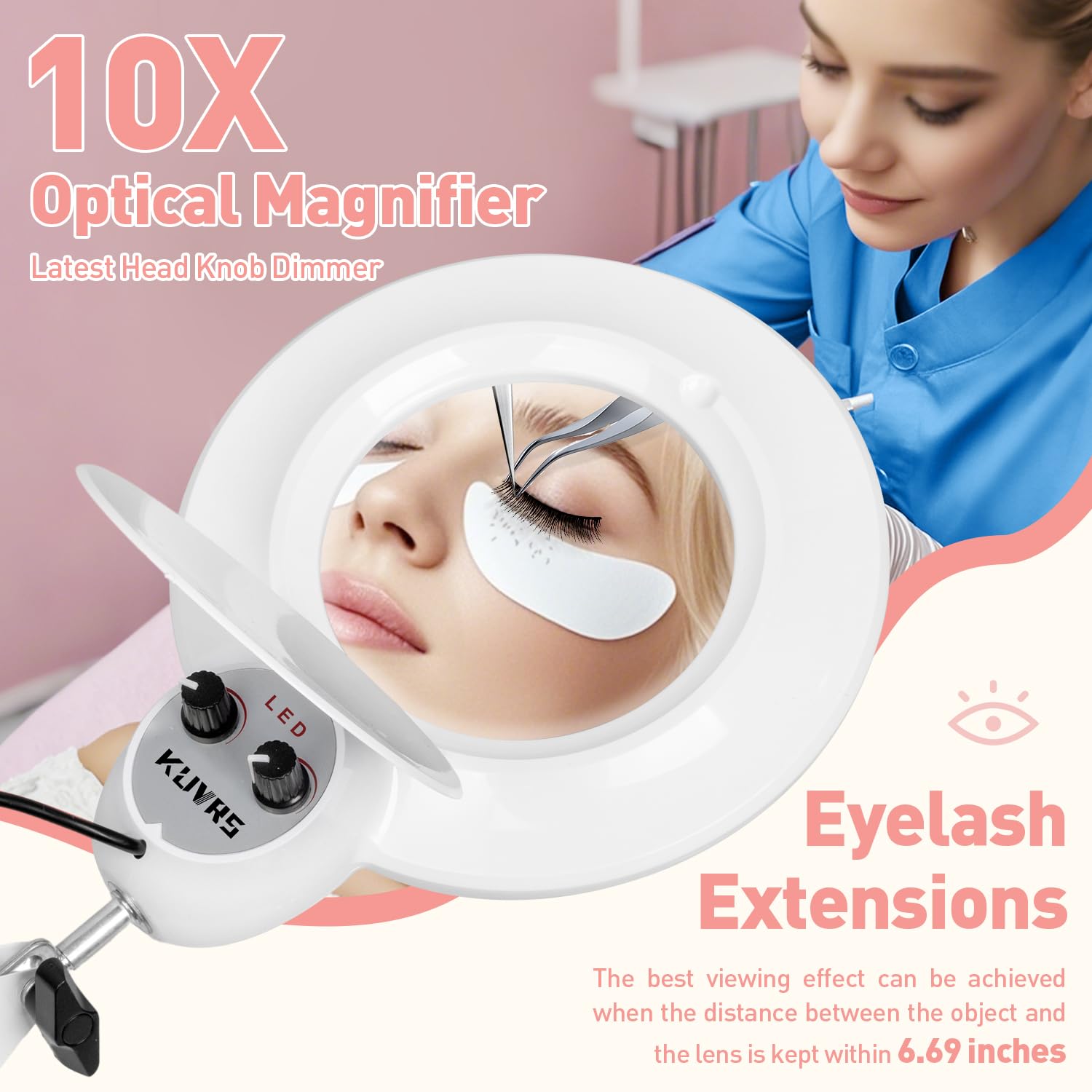 Kuvrs 10X Magnifying Floor Lamp With Light, 5 Wheel Rolling Base Esthetician Light, 2200 Lumens Infinite Warm & Cold Dimming Led