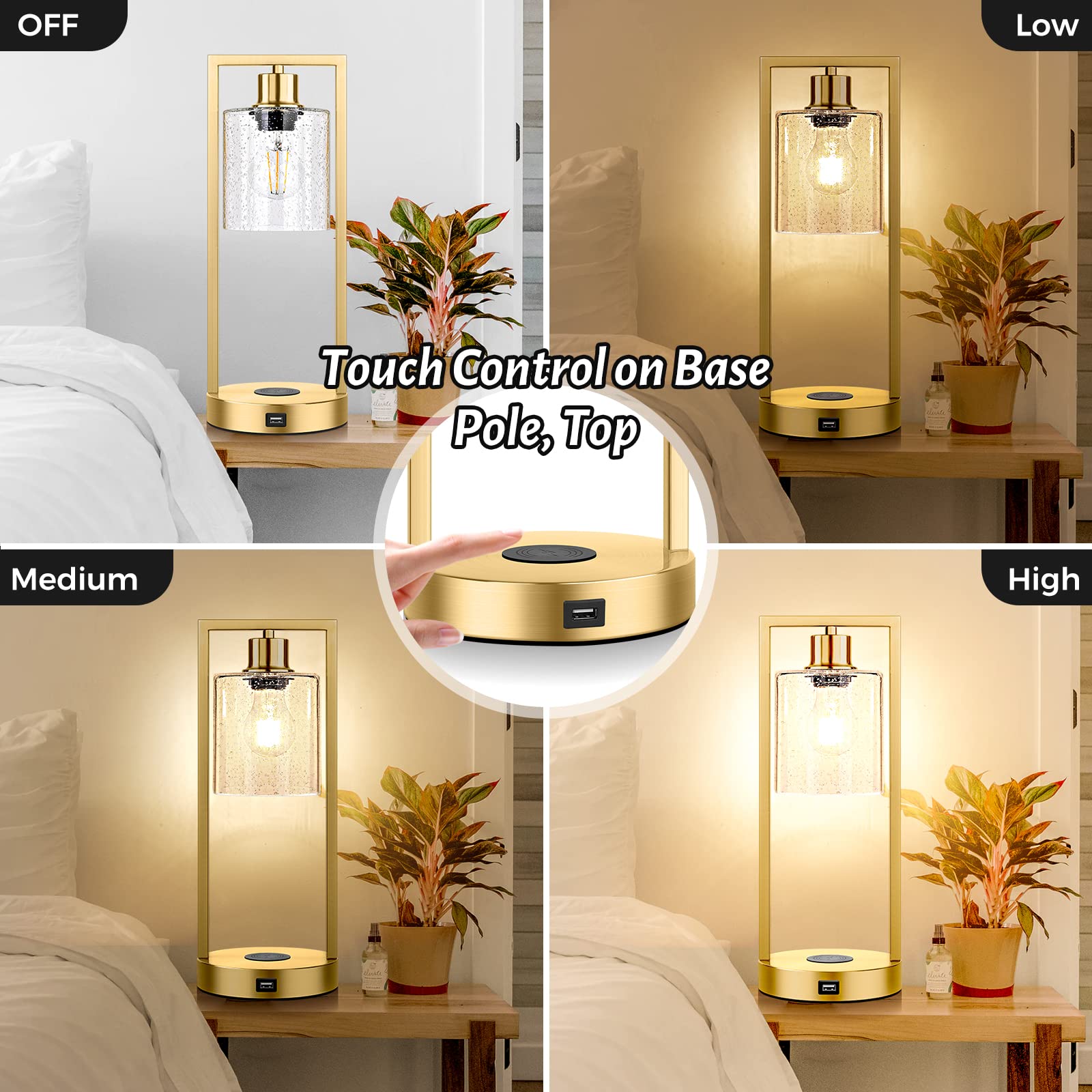 Gold Wireless Charging Lamps For Bedrooms Set Of 2, Bedside Touch Table Lamps 3-Way Dimmable, Bubble Glass Lamp Sets For Living