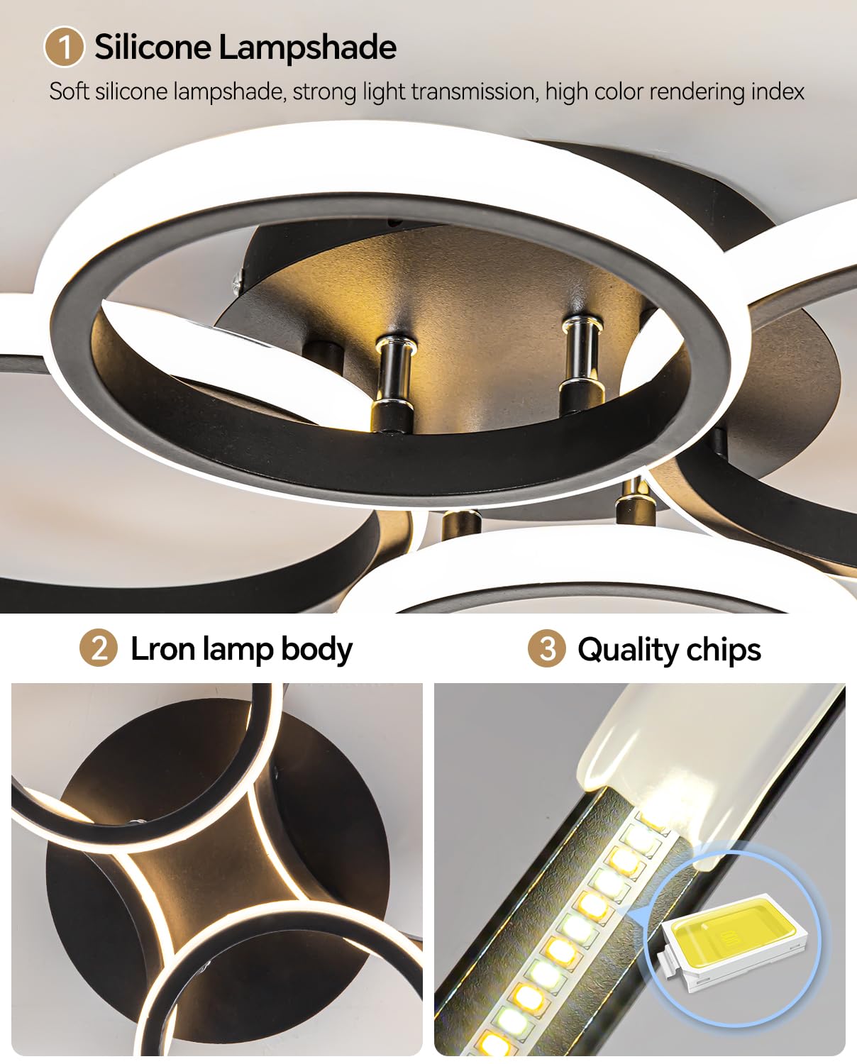 4 Ring Modern Led Ceiling Light Fixture With Remote Control, 3000K-6500K 3-Color Black Dimming Circle Modern Ceiling Light For B