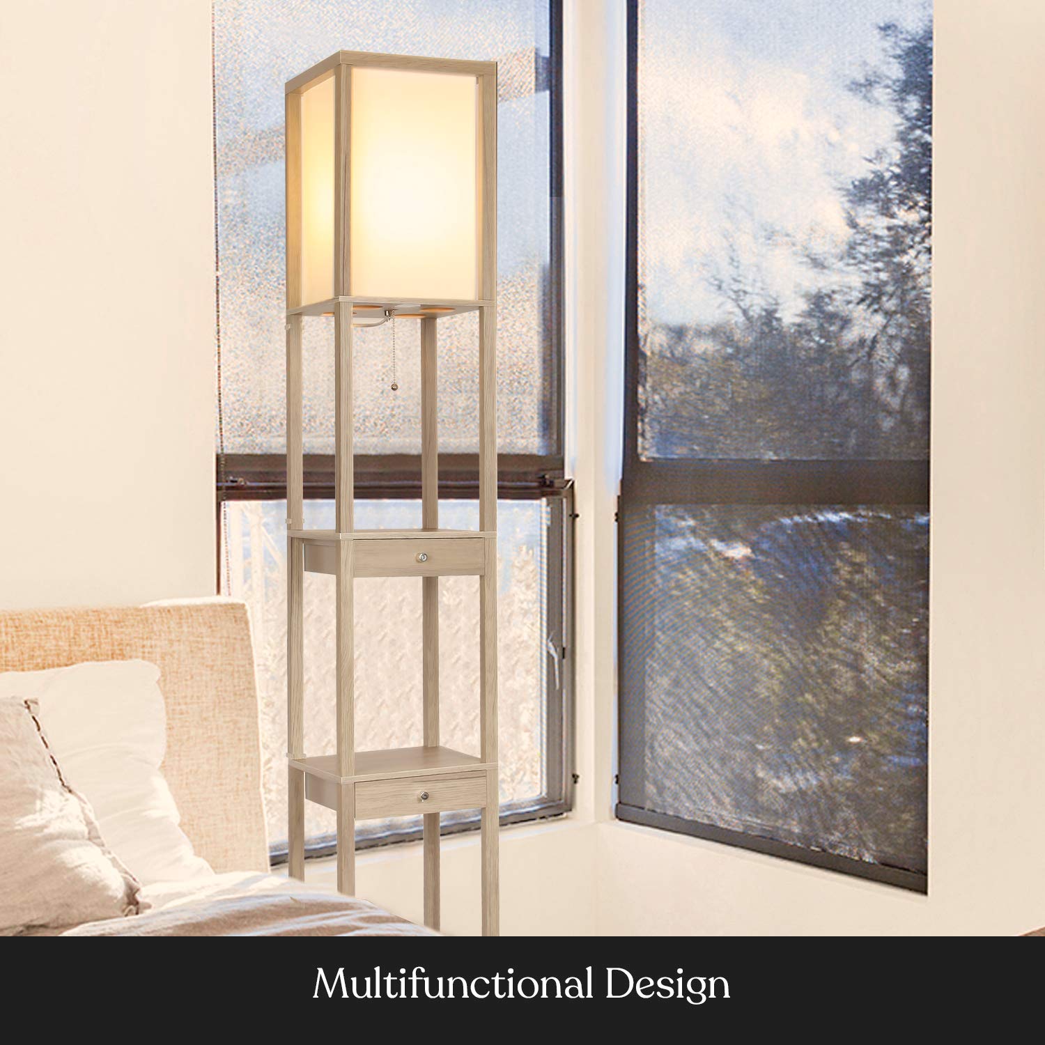Brightech Maxwell Drawer Edition Floor Lamp - Modern Shelf Lamp with Drawer, Rustic Wood, Model FL-MXDR-RW