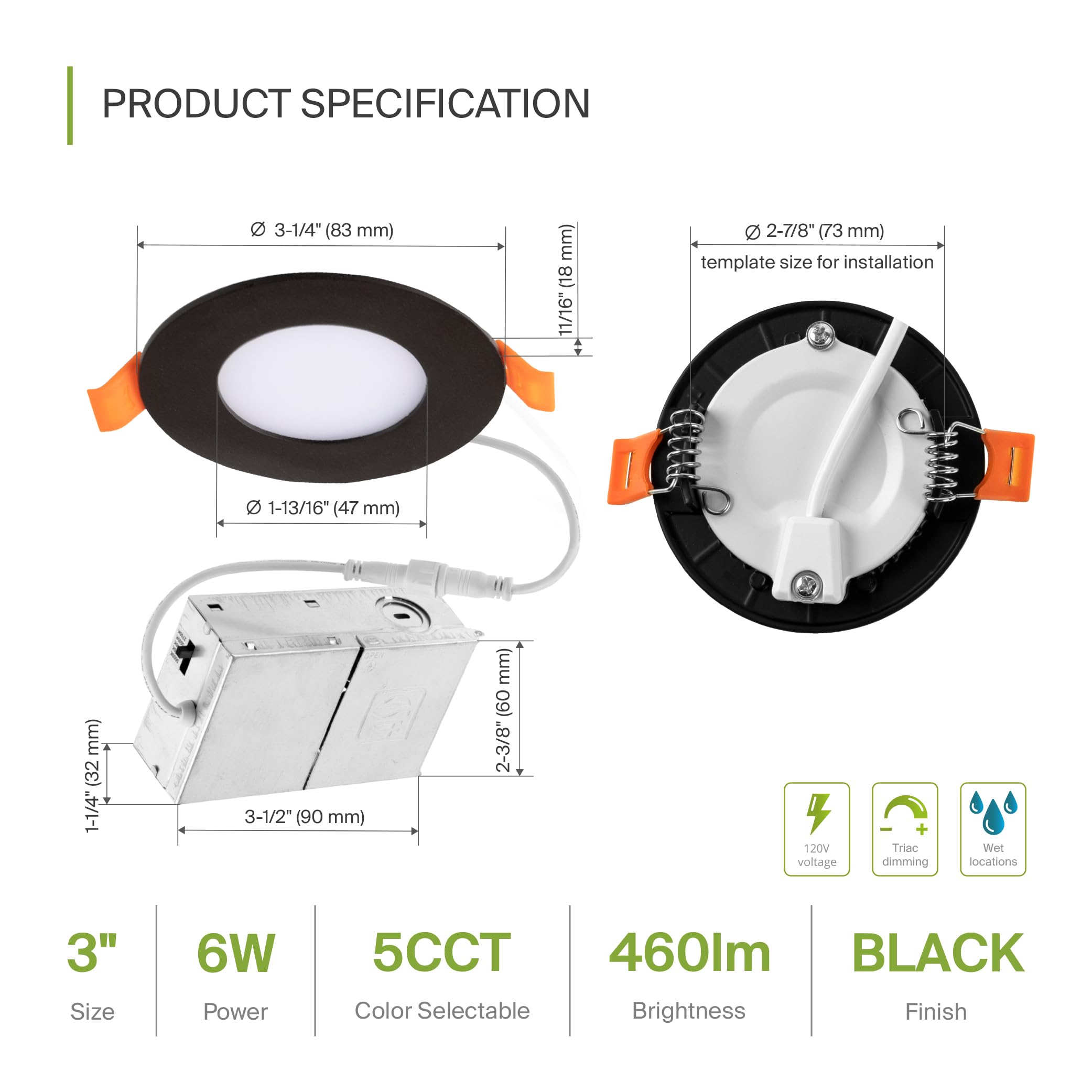 ASD LED Recessed Light 6 Pack, 3 Inch, Ultra Thin, Dimmable, 5 CCT 2700K-5000K, Black, Model A-JBR