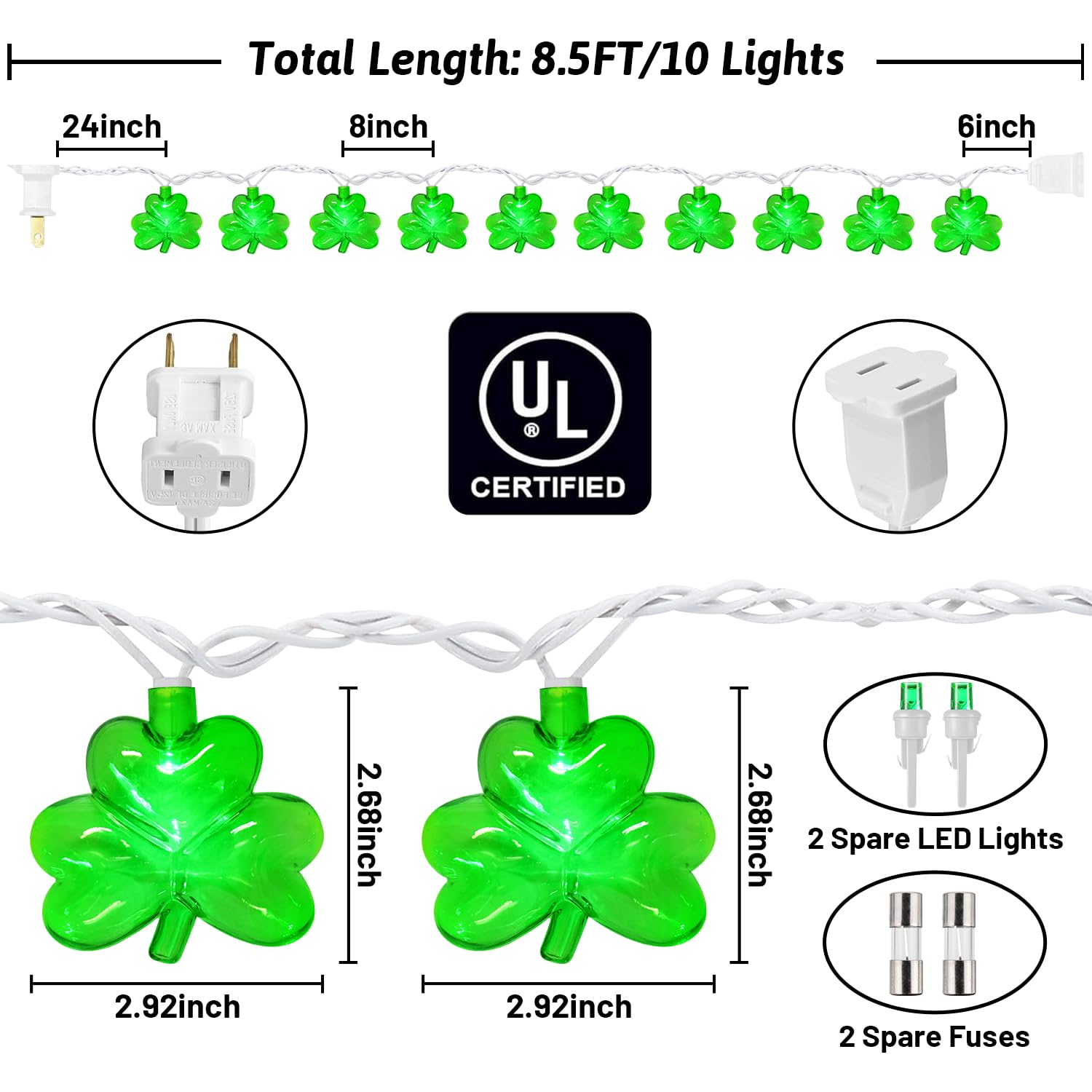PASUTO 8.5FT Clear Green Shamrock String Lights, 10 LED Waterproof for St. Patrick's Day Indoor/Outdoor Decorations