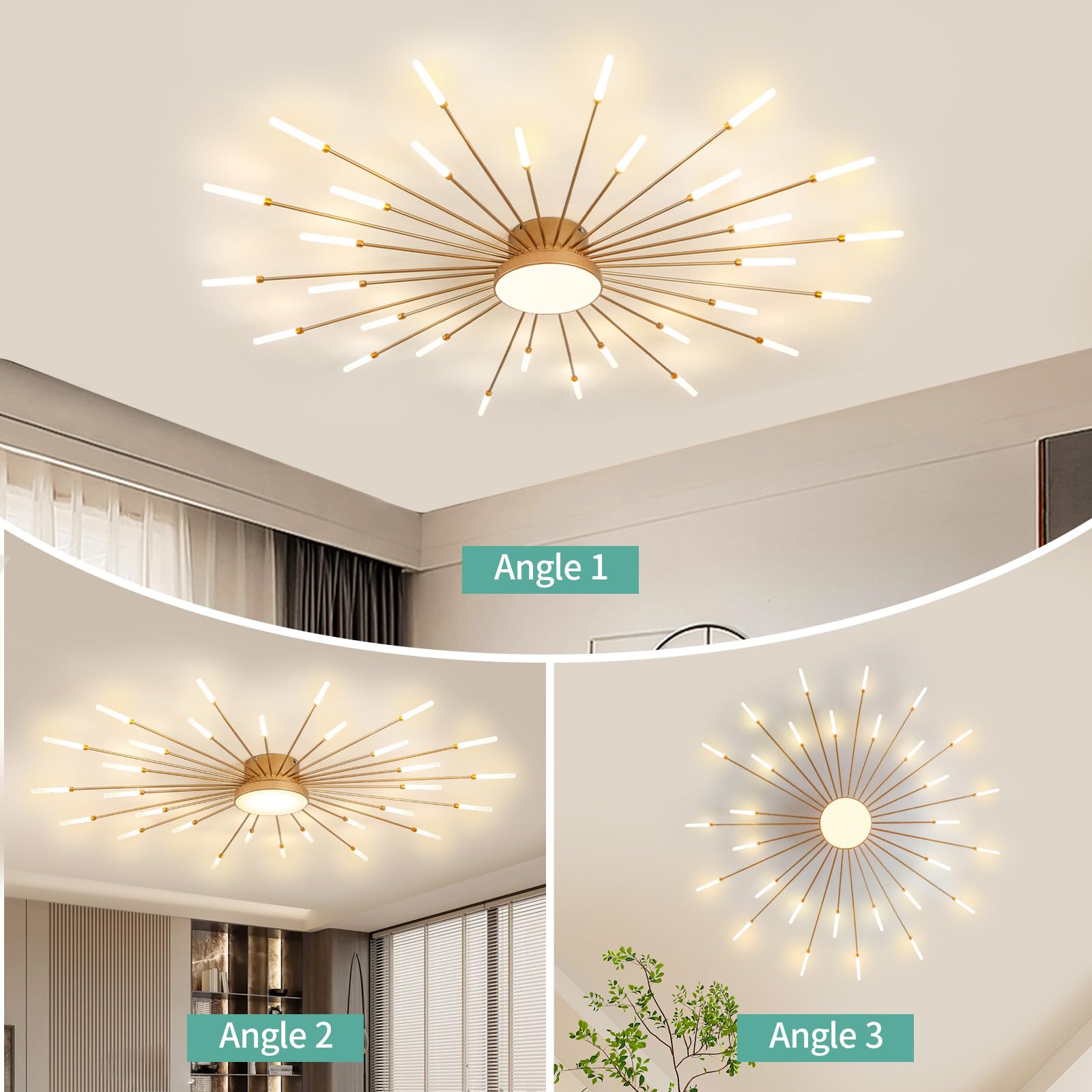 Ziidoo Modern Ceiling Light 30+1 Lights Metal Firework Designed Chic Led Lighting Fixture For Farmhouse Kitchen Dining Room Bedroom Hallway Living Room (Gold And Dark Gold)