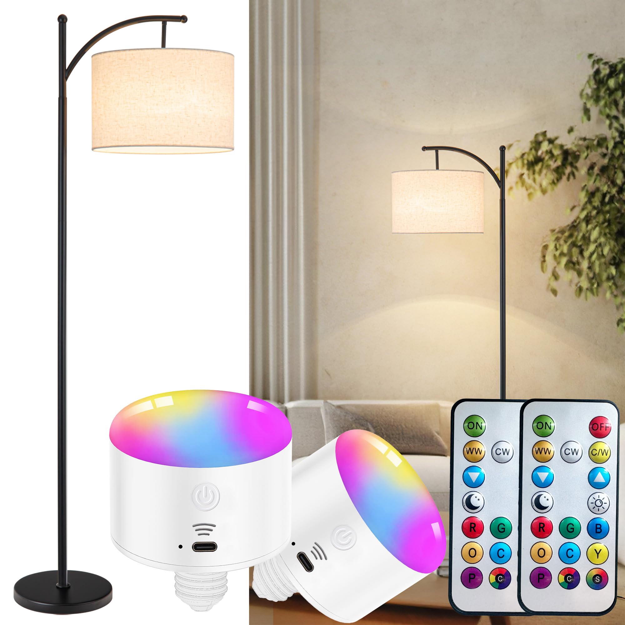 Battery Operated Cordless Floor Lamp With Remote Control For Bedroom, Dimmable Floor Lamp Modern Tall Standing Floor Lamp With L