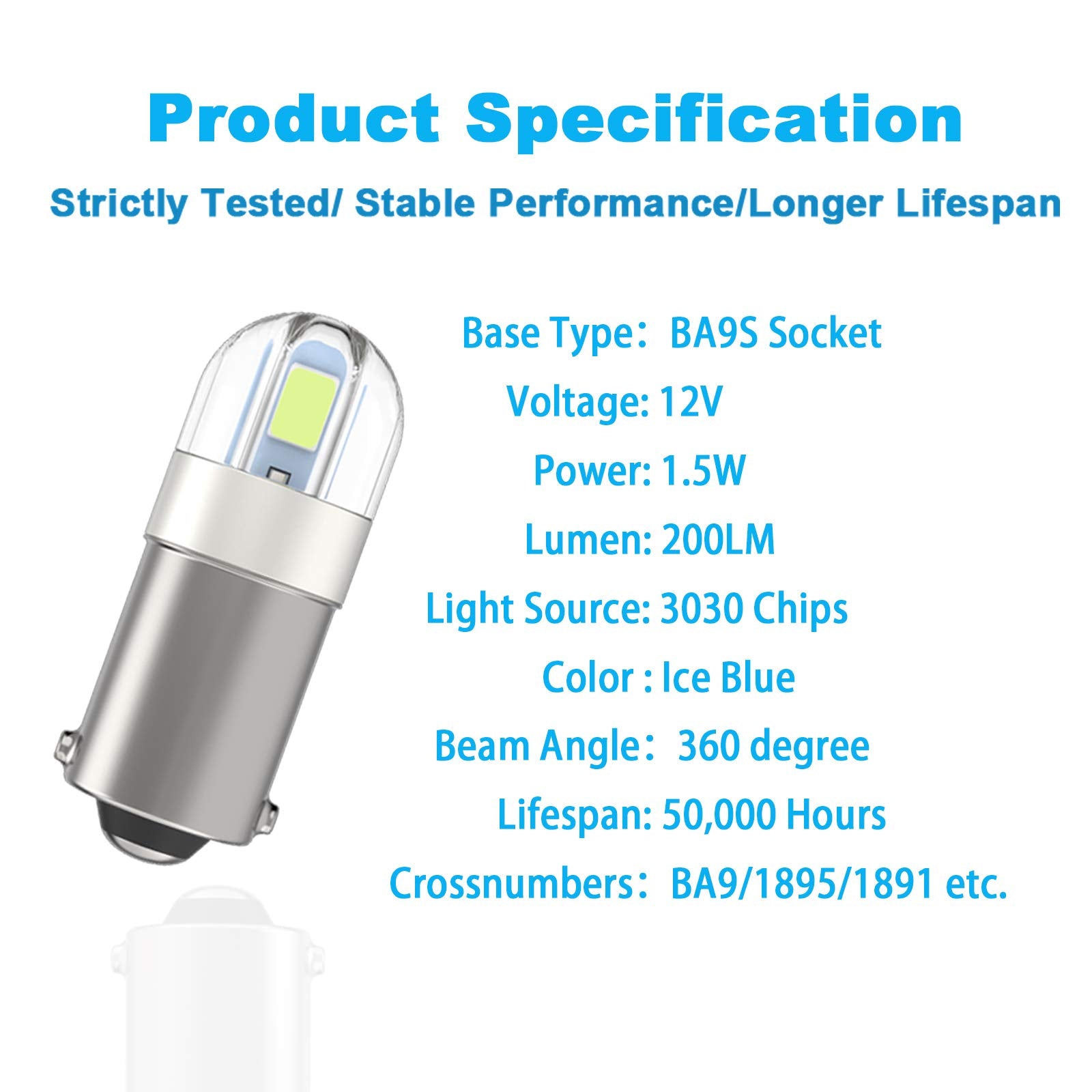 Serundo Auto BA9S LED Bulb Pack of 10, 2SMD 3030 Chips, Ice Blue, for Car Interior Dome, Map, License Plate, Glove Box Light