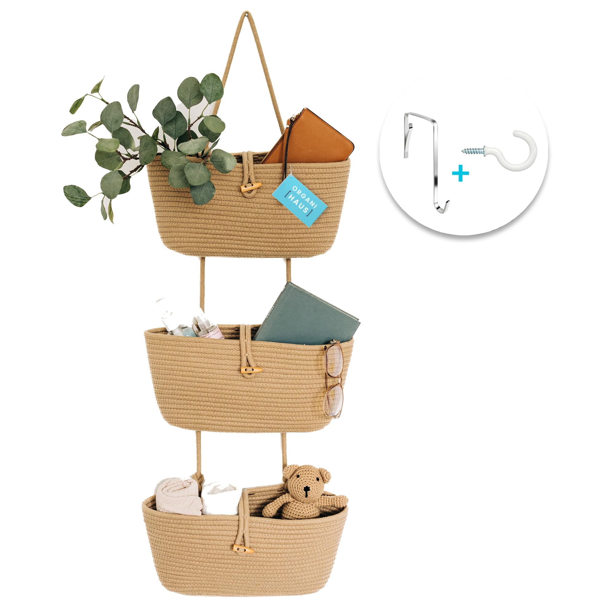 Organihaus Woven Hanging Baskets For Organizing | 3-Tier Wall Basket Storage Boho Nursery Closet Organizer Mounted Over The Door
