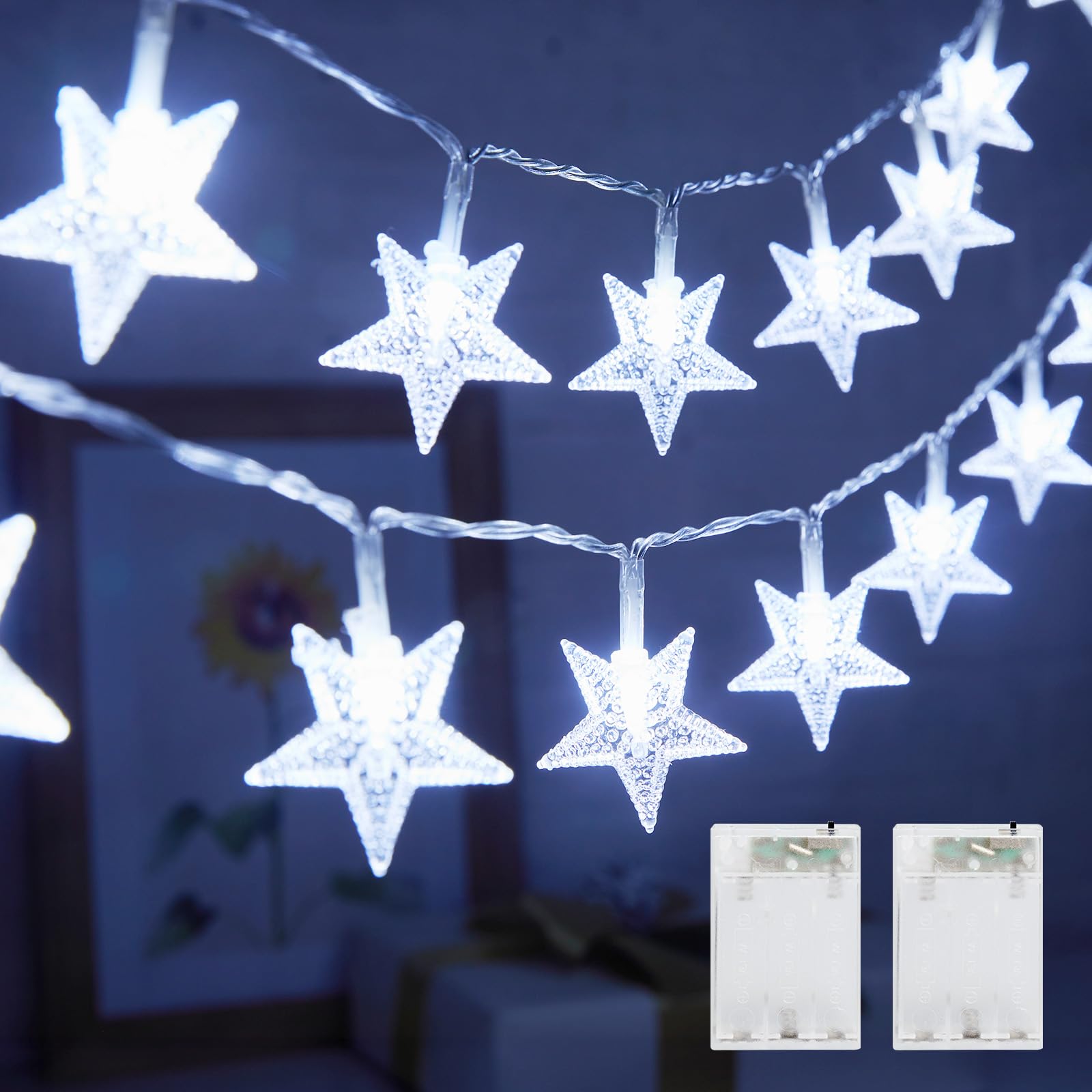 Minetom Star String Lights - 50 LED Fairy Lights, 17 ft, Battery Operated, Waterproof, 2 Pack, White