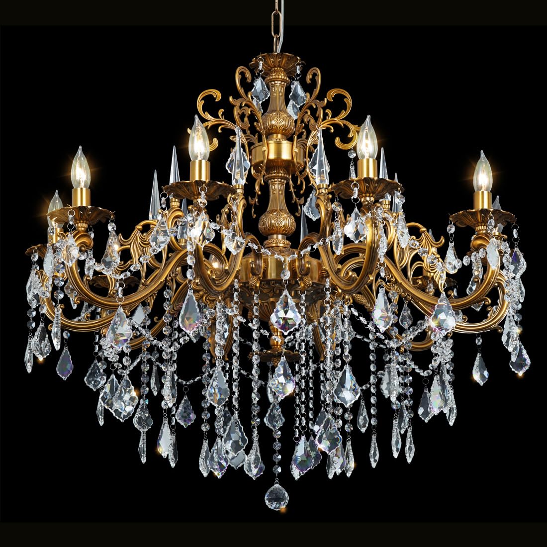 Akeelighting Antique Bronze Chandelier, Vintage Gold Crystal Chandeliers Lighting For High Ceiling Foyer 10-Light Candle Hanging