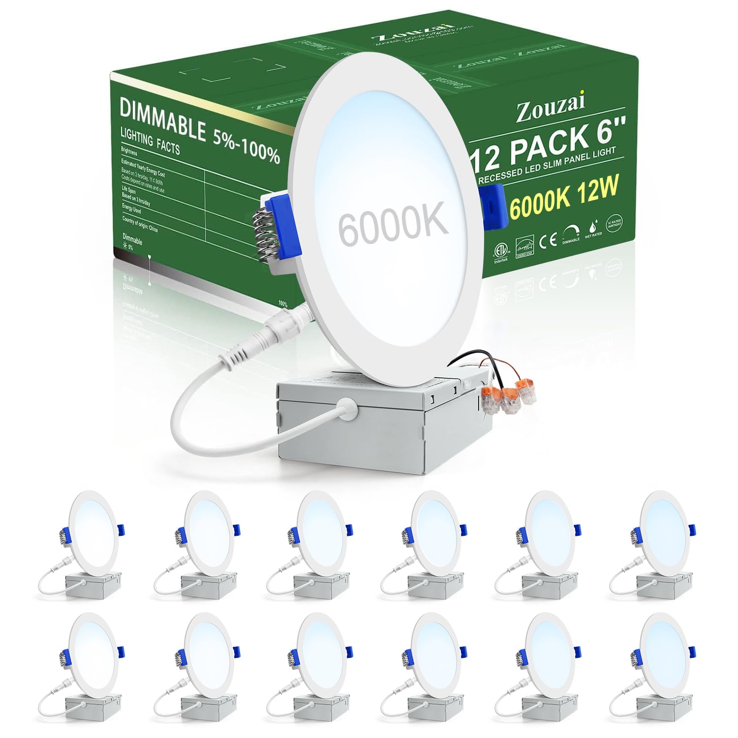 Zouzai 12 Pack 6 Inch 6000K Ultra-Thin Led Recessed Light With Junction Box, 12W Dimmable,Ra>85 High Brightness - Etl And Energy