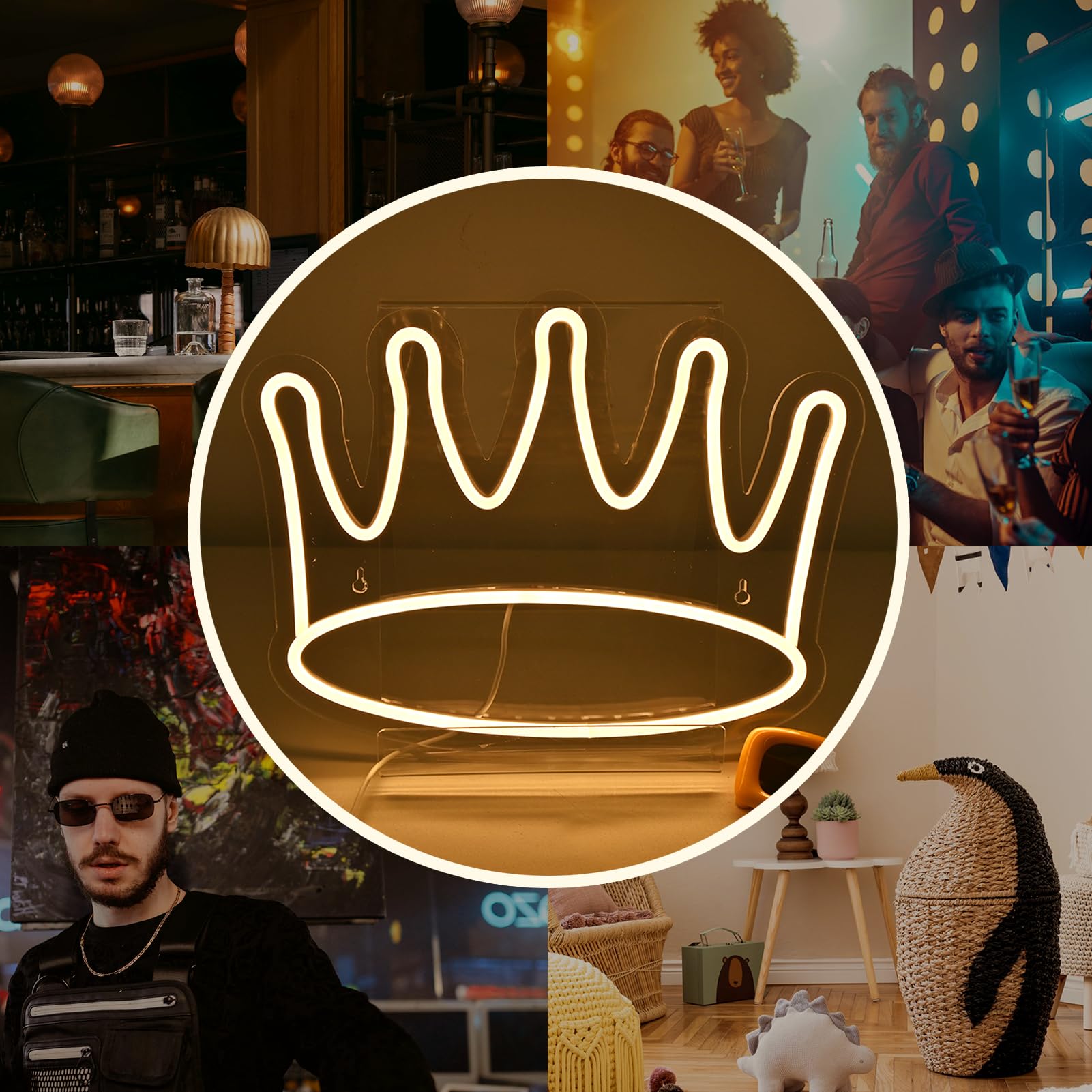 Wanxing LED Neon Crown Light - Acrylic Backboard Wall Decor - 14in x 10.6in - Warm White for Bedroom, Kid Room, Shop, or Party