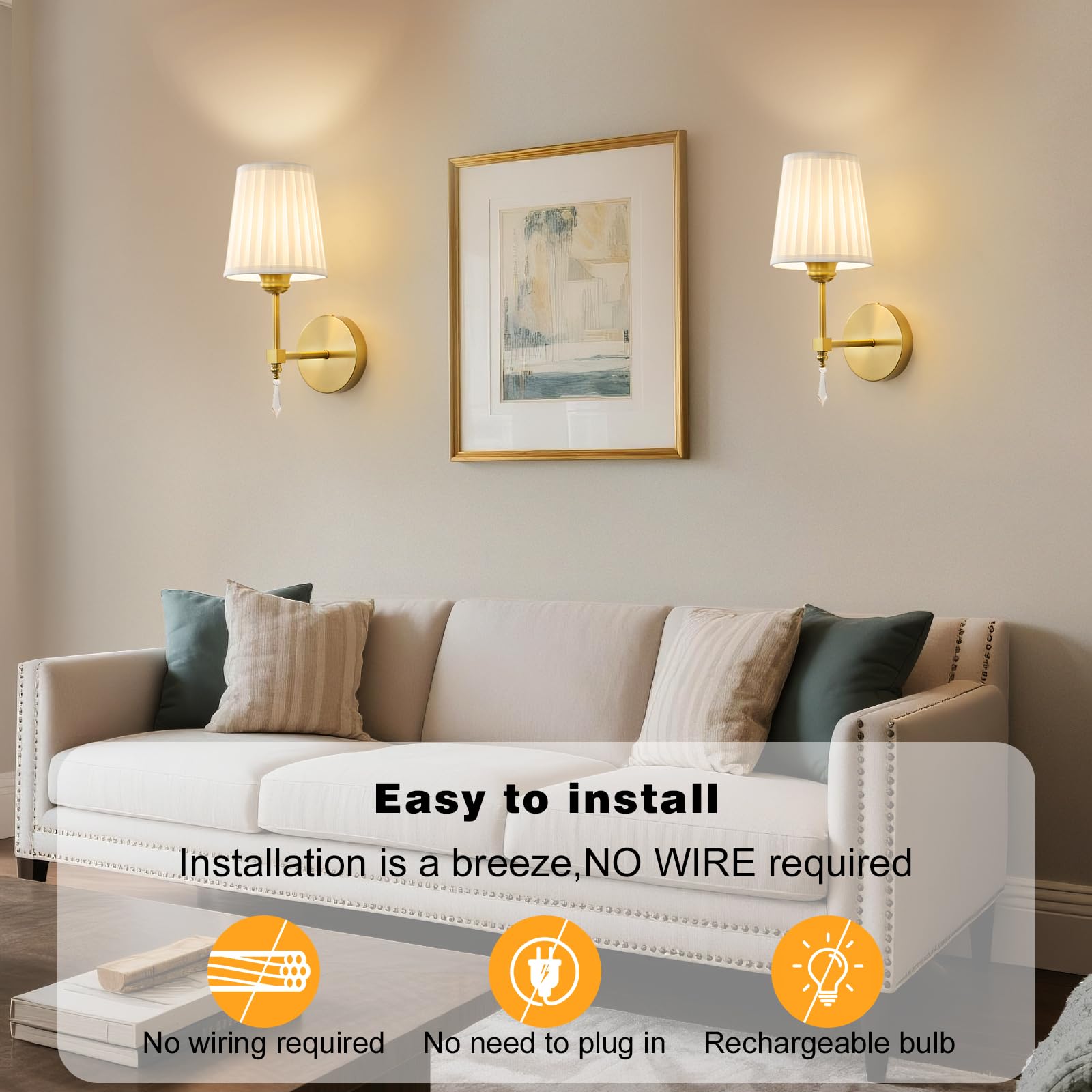 eypid Battery Operated Wall Sconce Set of 2, 10000mAh, Dimmable, RGB, Gold, Fabric, Model JB0030