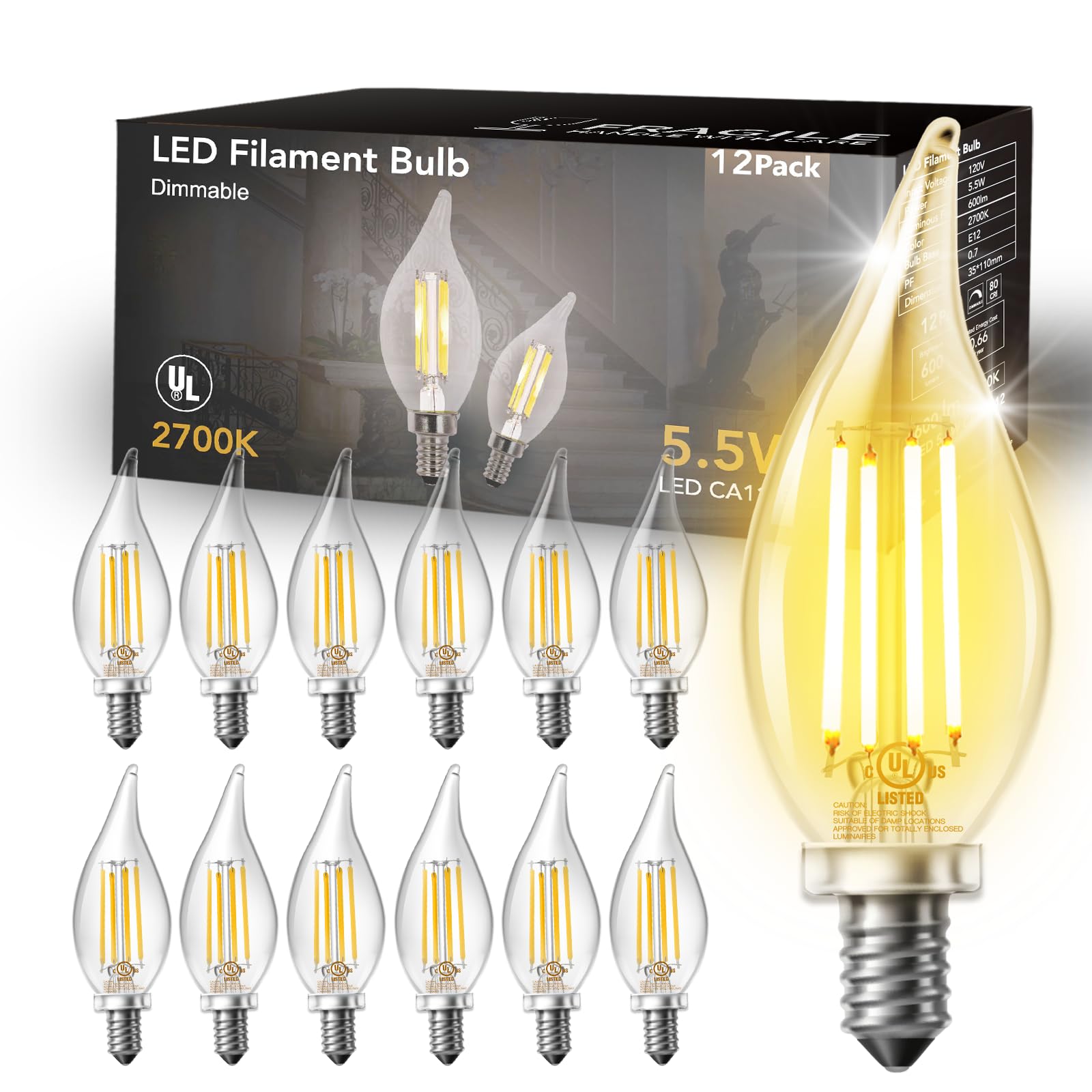 Daybetter 6 Pack Dimmable Candelabra Light Bulbs, Flame Tip Vintage Led Candle Bulbs, E12 Small Base, 60 Watt Equivalent, 2700K