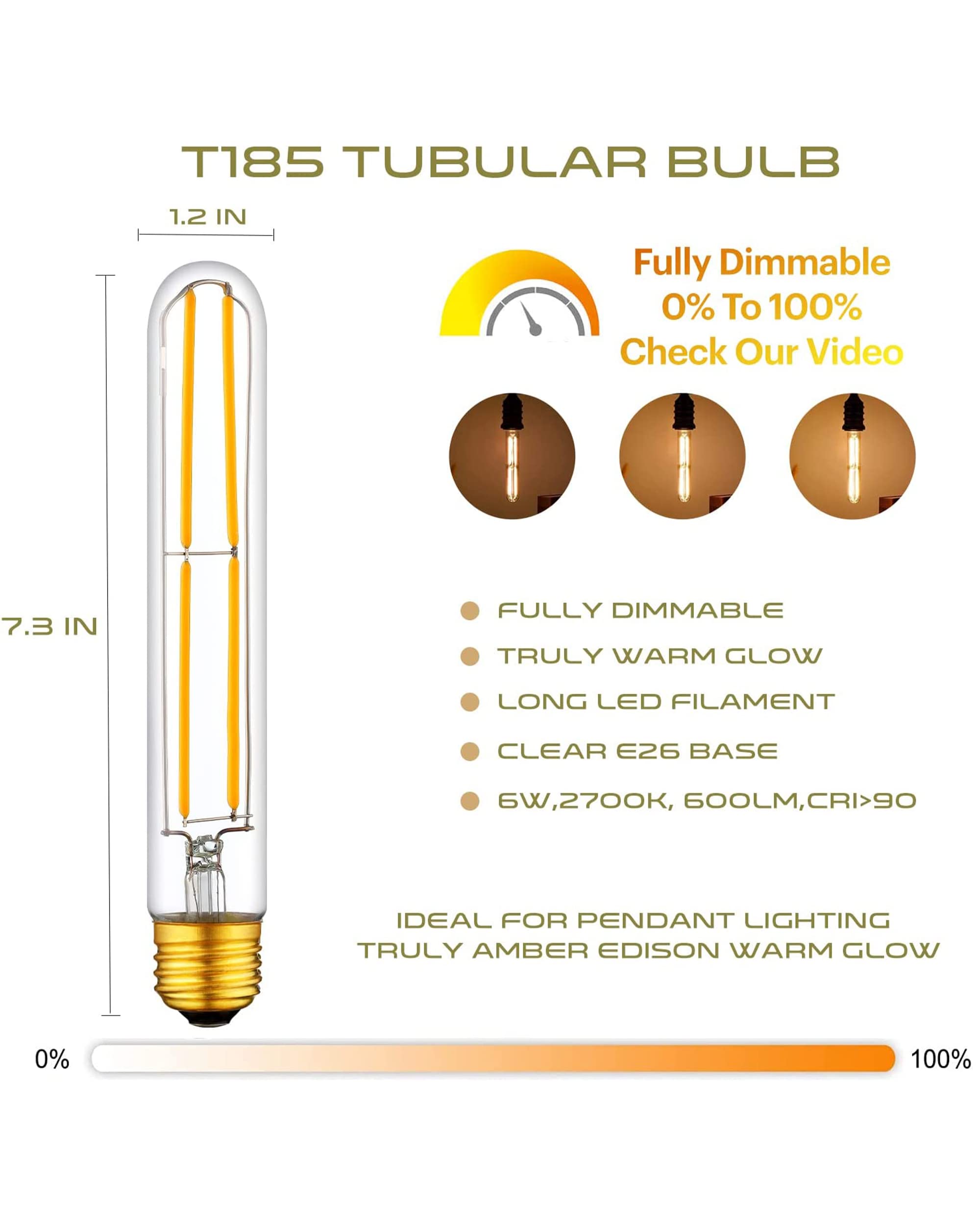 Hunanaote 6W Dimmable T10 Led Bulb, 2700K Warm White, E26 Base,