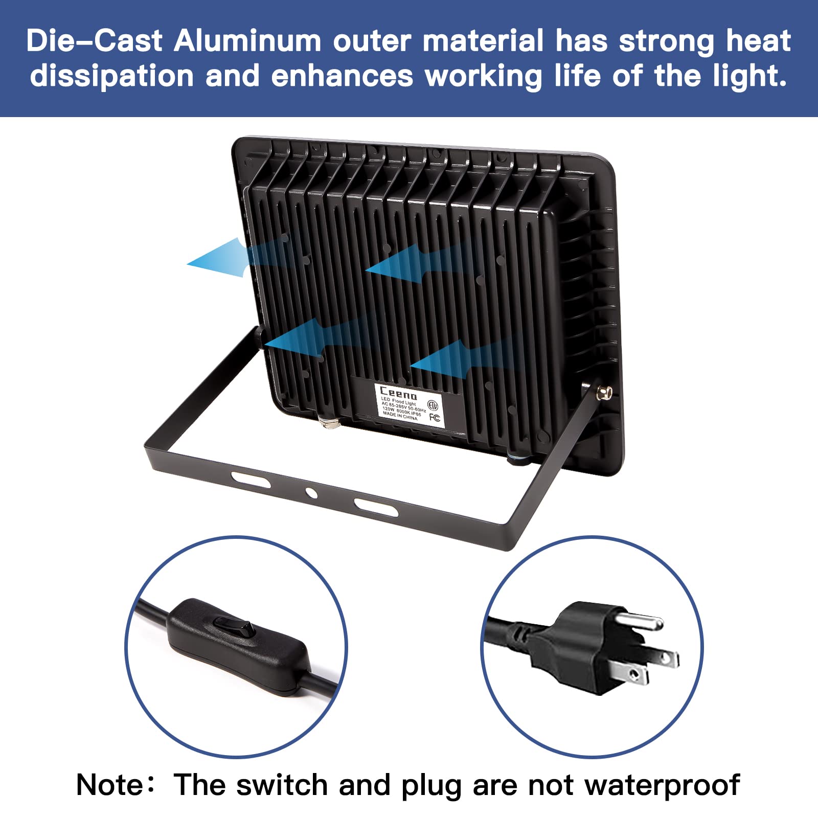 Ceena 2 Pack 60W Plug In Led Flood Light Outdoor, 6000Lm Super Bright Floodlight With Switch And 5.9Ft Wire, Ip66 Waterproof 600