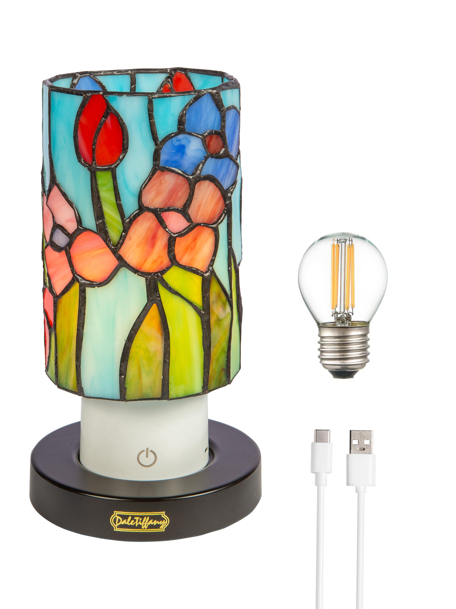 Dale Tiffany TAR24122 Sunset Peony Uplight Tiffany Accent Lamp with Built-in Rechargeable Battery and 3-Level Brightness, Multic