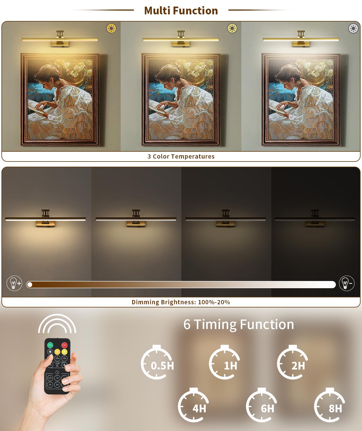 Joossnwell Battery Operated Picture Light - 23.62 Inch Wireless Art Lighting, Brass - Remote Dimmable for Paintings and Gallery Use