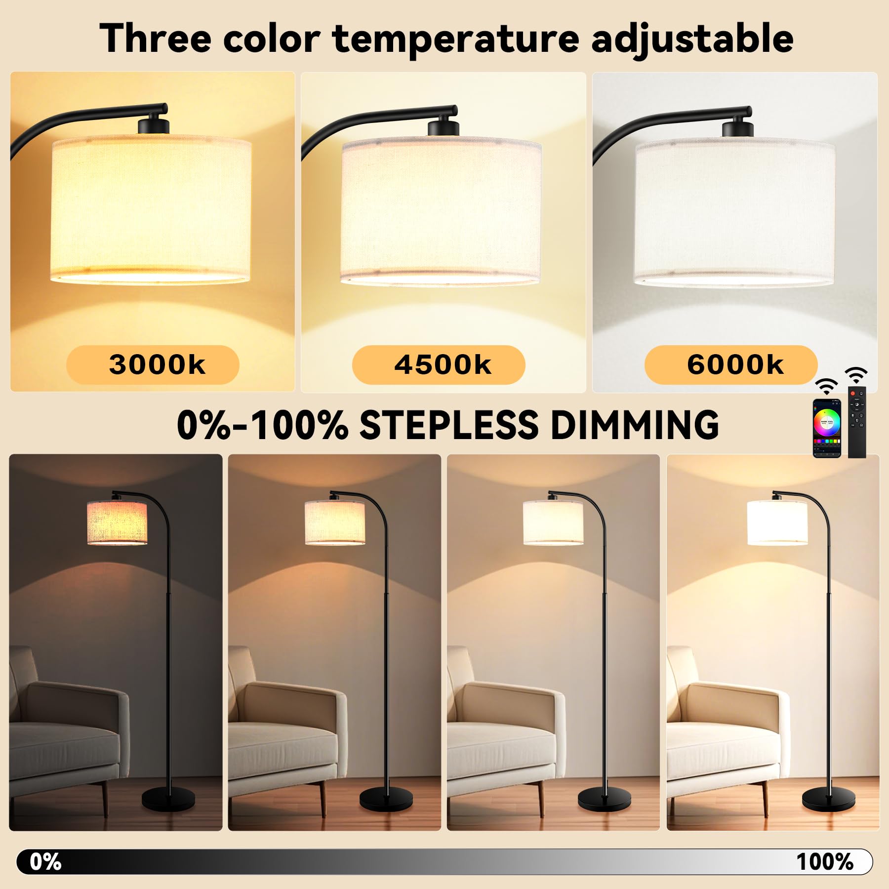 KQW Floor Lamp - Dimmable Tall Standing Light with Remote, 65" Fabric Shade, Smart RGB Bulb, Black, Model TJ-FL2006-BK04