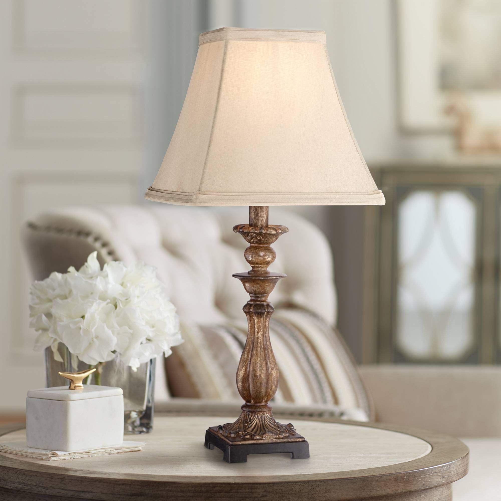 Regency Hill Accent Table Lamp - Rustic Cottage Style, 18in High, Antique Distressed Light Bronze, Brown Square Shade, Model 4T399