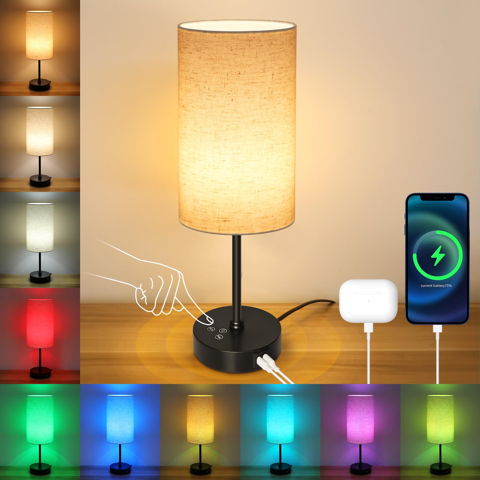 Unicozin Table Lamp, 3 CCT RGB Color Changing, Stepless Dimmable, 17Inch, Beige-Black Shade