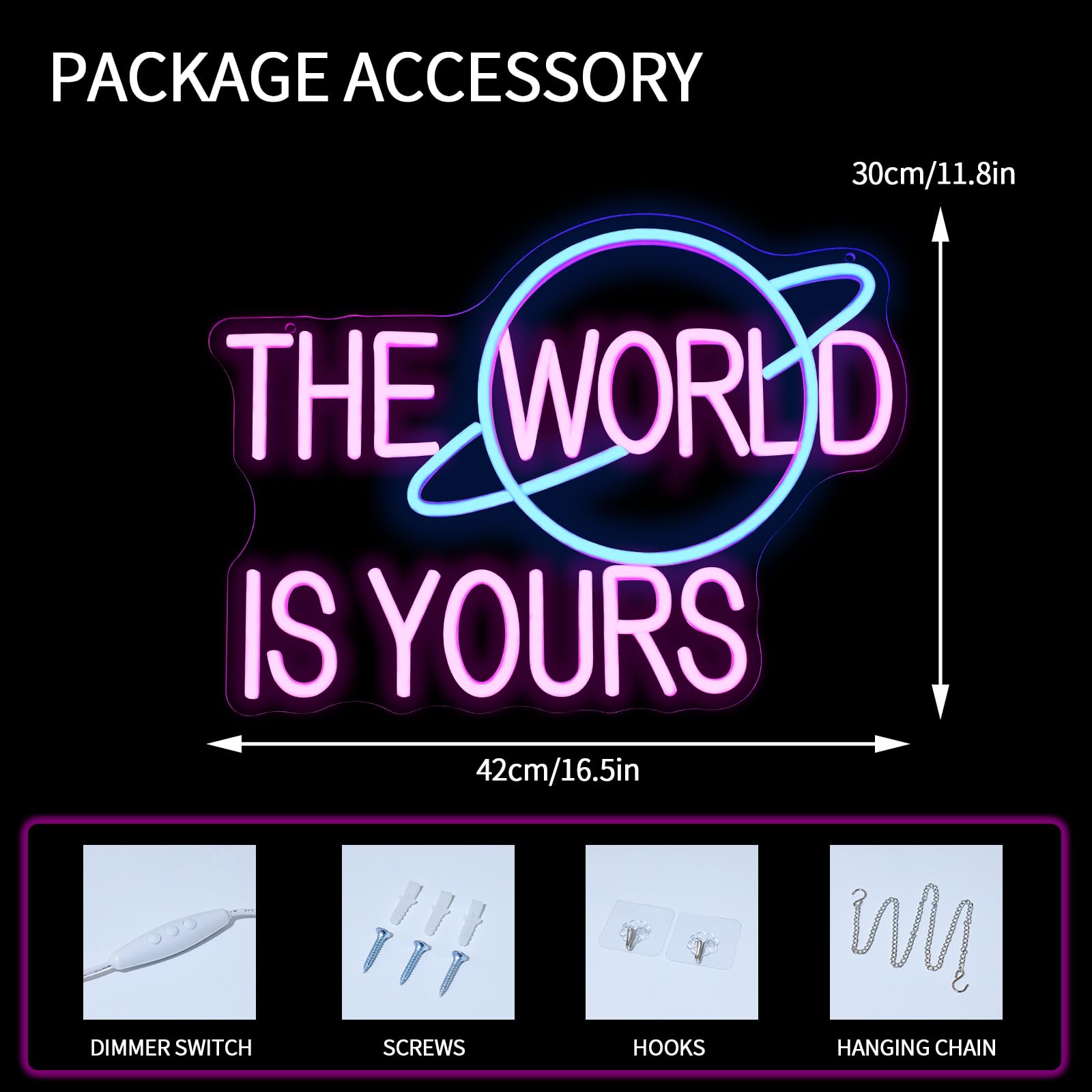 Virlusy Neon Sign for Wall Decor, Dimmable LED Lights, Acrylic, Pink Blue, Model YL-The World is Yours, Letter Size