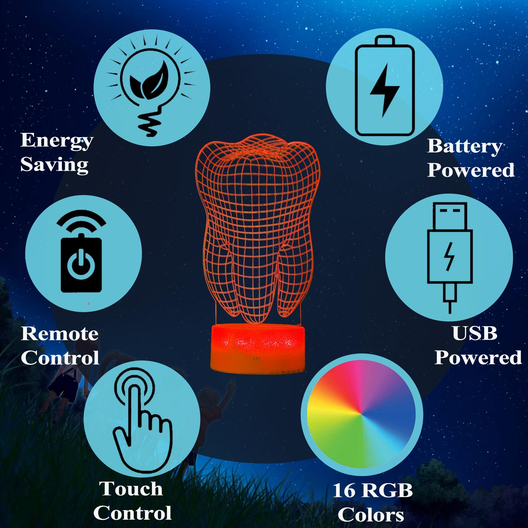 Posshe Dental Gifts, 3D Tooth Night Light, 3D Illusion Lamp, 16 Colors Changing, Remote Control, Dimmable, Living Room Decoratio