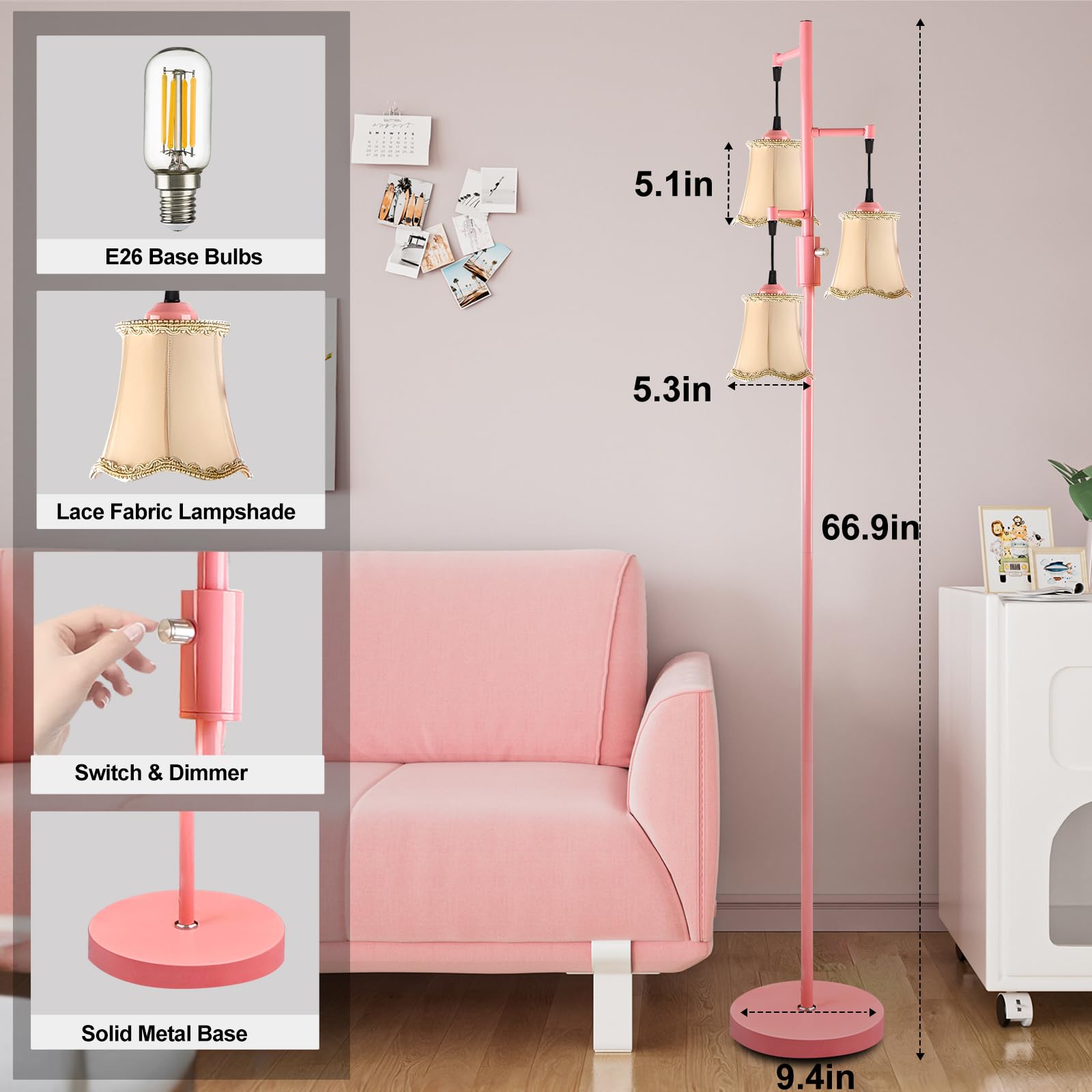 Lightdot 66'' Dimmable Floor Lamp For Living Room, Industrial 3-Light Tree Floor Lamps With Led E26 Bulbs Included, Mid Century