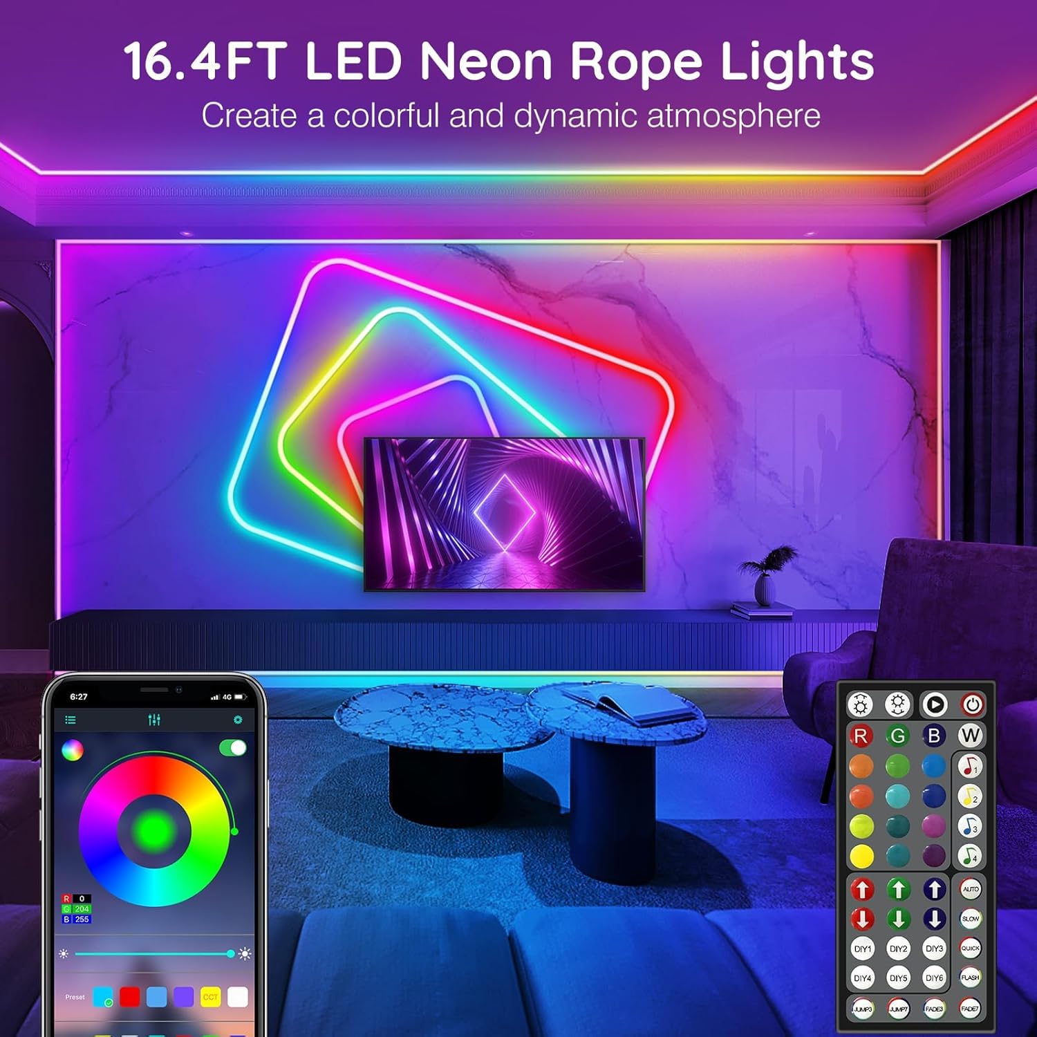 16.4Ft Neon Rope Lights Flexible Led Rope Lights Control With App/Remote Multiple Modes Rope Lights Ip65 Outdoor Rgb Led Neons Lights Waterproof Music Sync Gaming Led Neon Light Strip (16.4Ft)