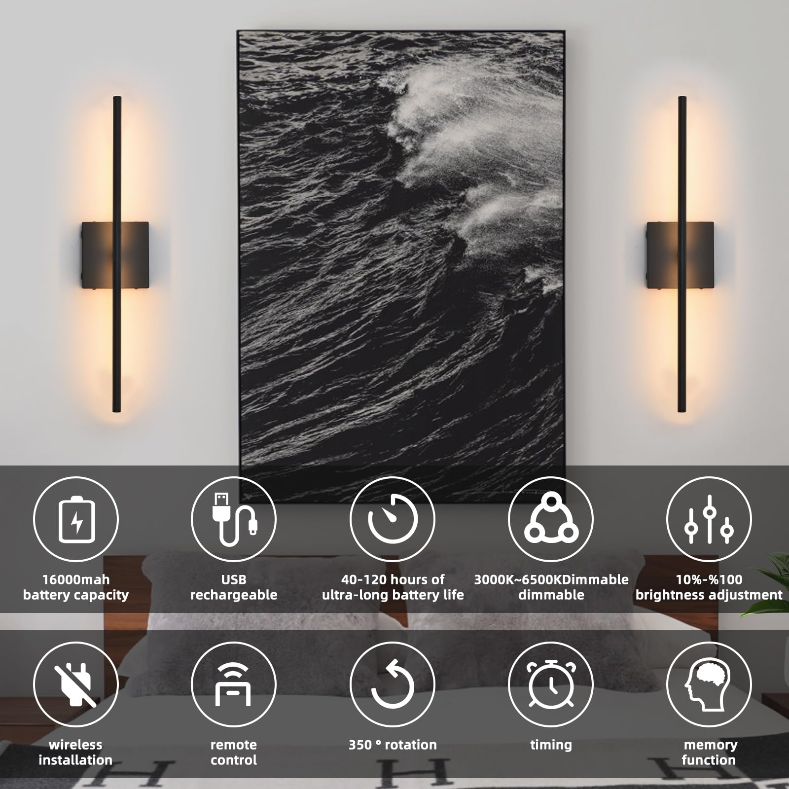 Ovyiech Battery Operated Wall Sconces Set Of 2, Black Rechargeable Wall Sconce With Remote Control, 3000K-6000K Dimmable Led Wir