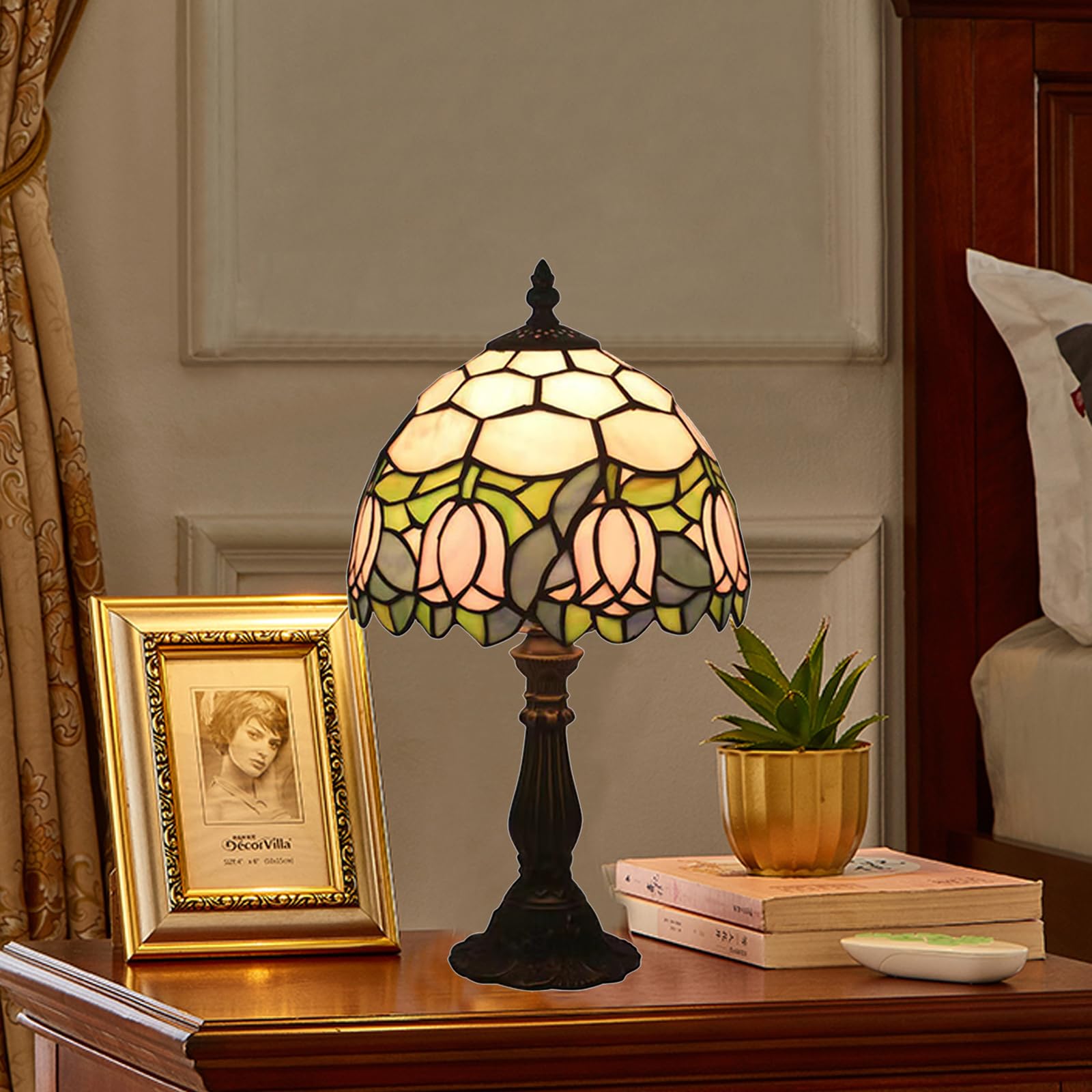 Tuomoxte Tiffany Style Table Lamp, Pink Tulip Stained Glass Lamp, 8 Inch Small Antique Lamp, For Bedside Nightstand Bedroom Livi