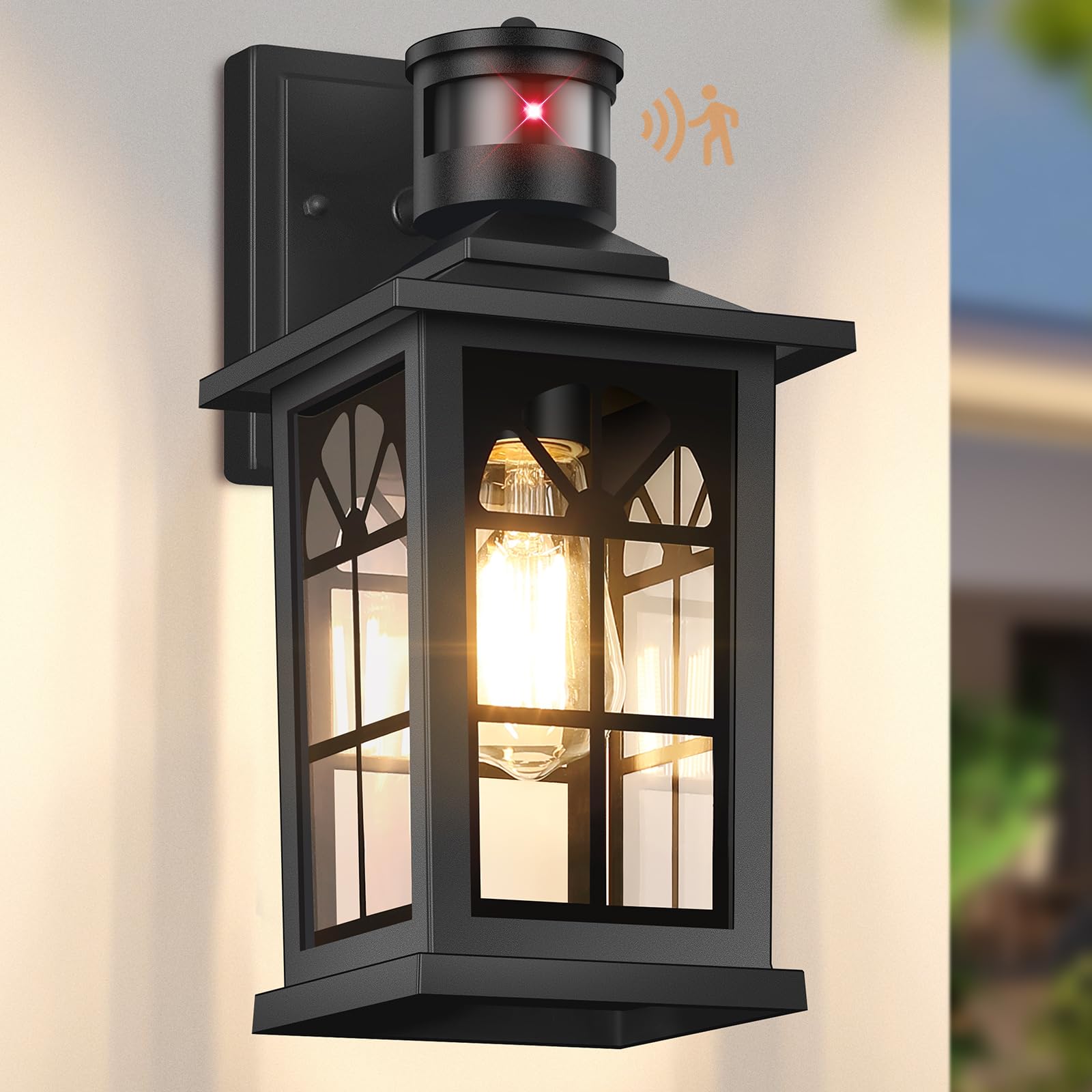 Motion Sensor Outdoor Light Fixture, Dusk to Dawn Porch Light Outdoor Wall Sconce Lantern, Aluminum Exterior Lighting Fixture Wa
