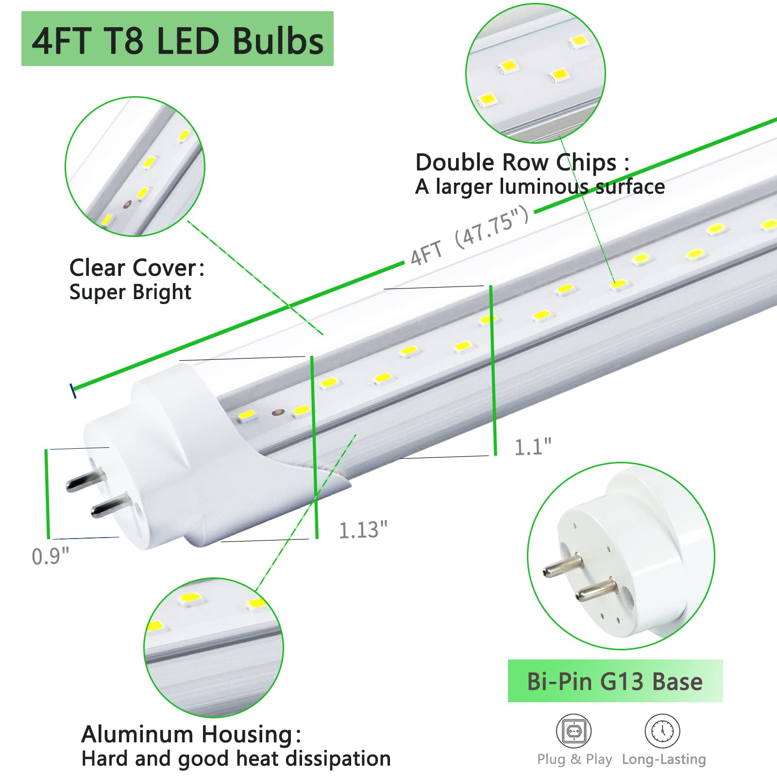 Nimgoti T8 LED Bulbs 4FT, 12-Pack, 24W 3200LM, 5000K Daylight White, Aluminum, Ballast Bypass, Clear Cover
