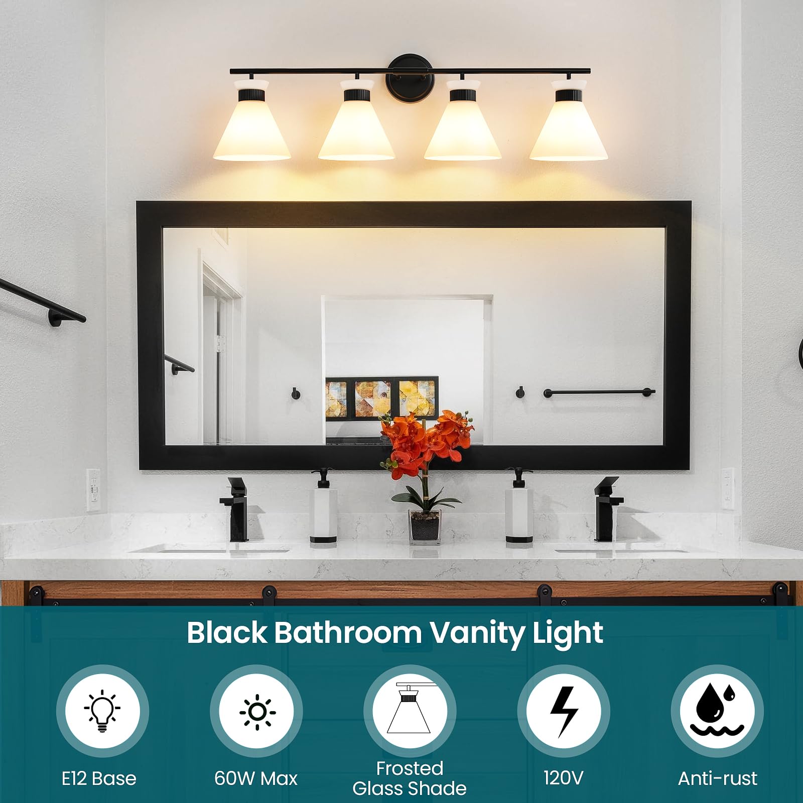 WOSHITU Black Bathroom Vanity Light Fixtures, 4-Light Metal Over Mirror Lighting, 36" with Milky White Frosted Glass, Vintage Farmhouse Style