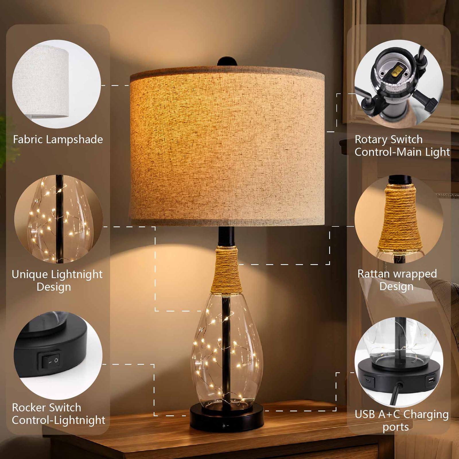 OYEARS 23" Black Rattan Table Lamps Set of 2 for Living Room, USB Night Lights, Model AMZ-T1140BK-U0