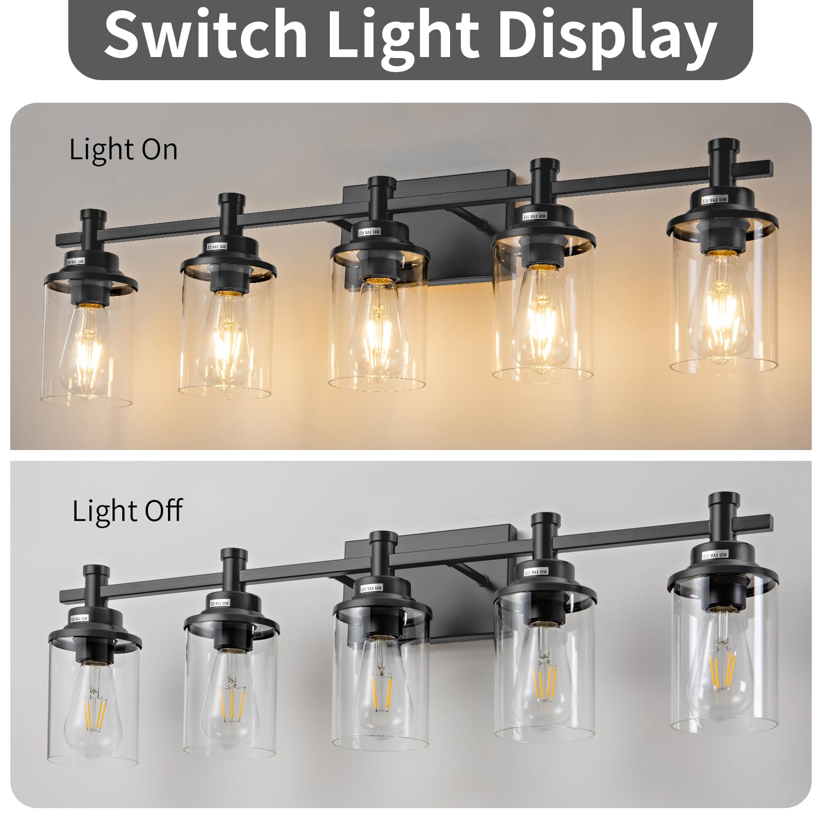 Aixialin 5-Light Black Bathroom Vanity Light, Modern Vanity Lighting Fixture For Bathroom, Black Matte Light Fixture, Wall Sconc