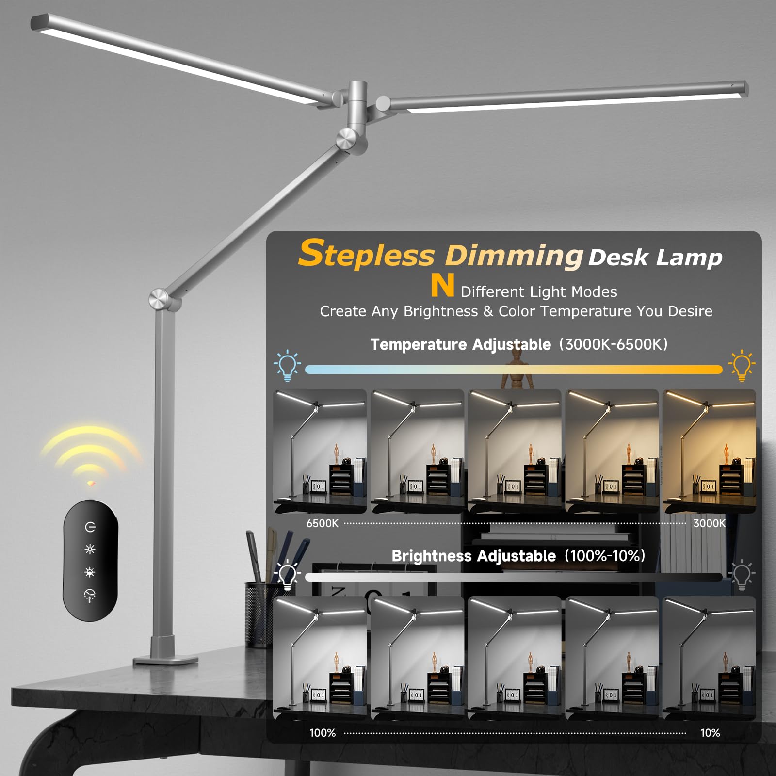 JELIMOV LED Desk Lamp, Eye Caring Architect Light with Remote, Stepless Dimming, Gray, Model L80C