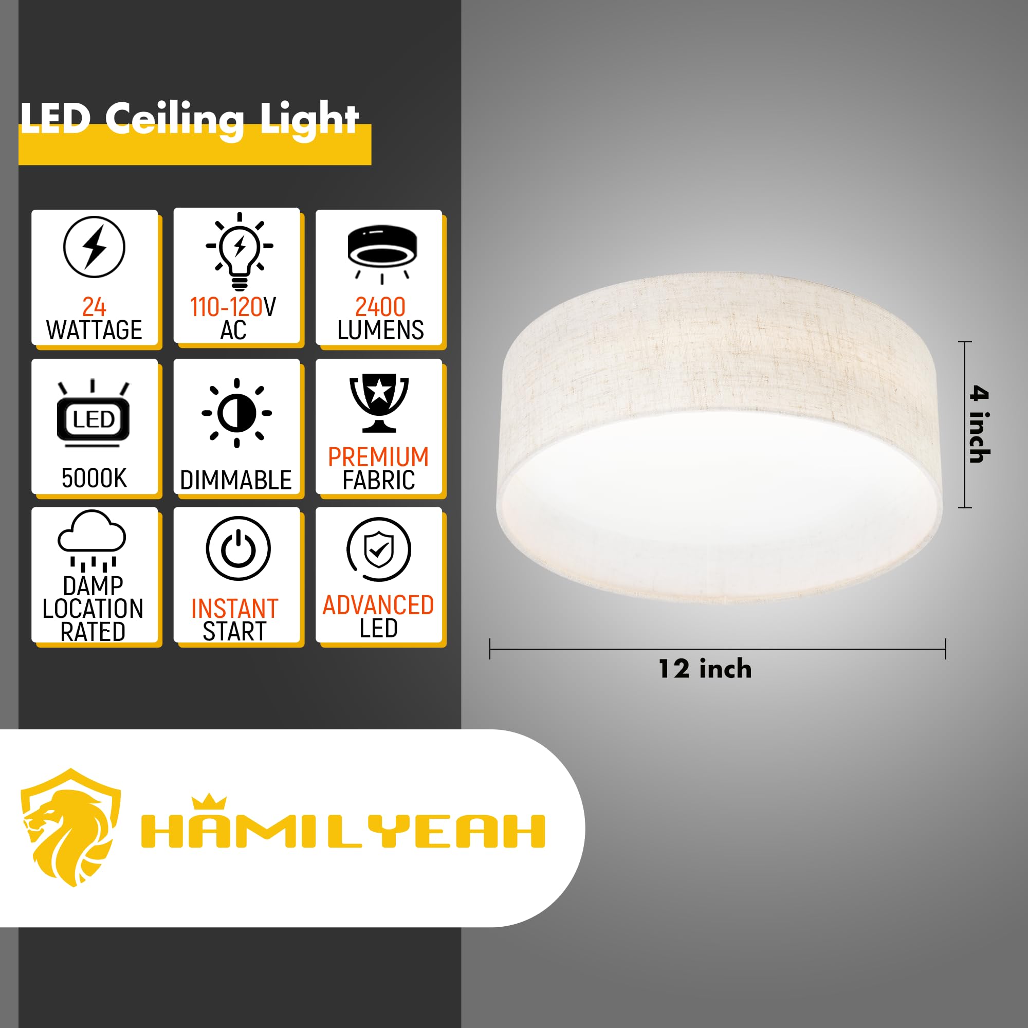 Hamilyeah Led Ceiling Light Flush Mount 24W, 12 Inch Drum Ceiling Light Fixture 5000K, Dimmable Close To Ceiling Light With Beig