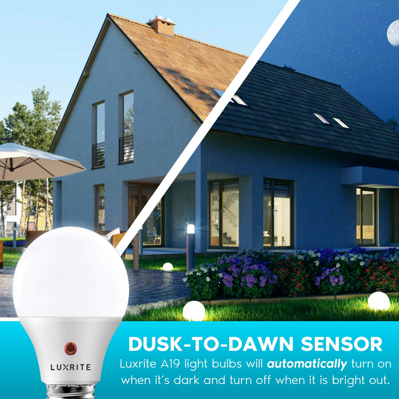 LUXRITE A19 LED Light Bulbs, 60W Equivalent, Dusk to Dawn, 5000K Bright White, 800 Lumens, E26 Base, 6 Pack