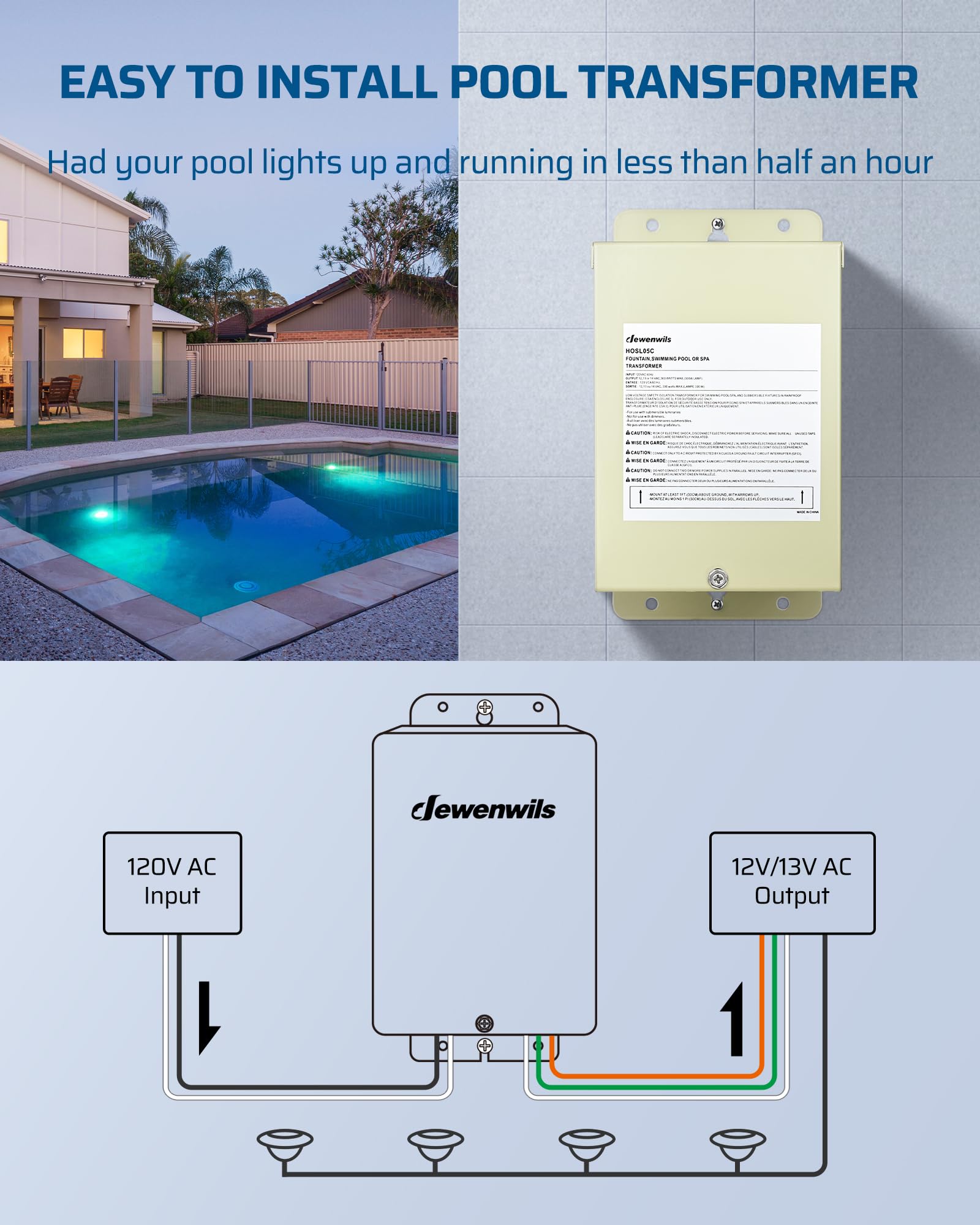 Dewenwils 300W Low Voltage Pool Light Transformer, 120V Ac To 12V/13V/14V Ac, Multi-Tap Safety Transformer For Pool Lighting, Spa, Underwater Fountain Lights, Outdoor Landscape Lights…