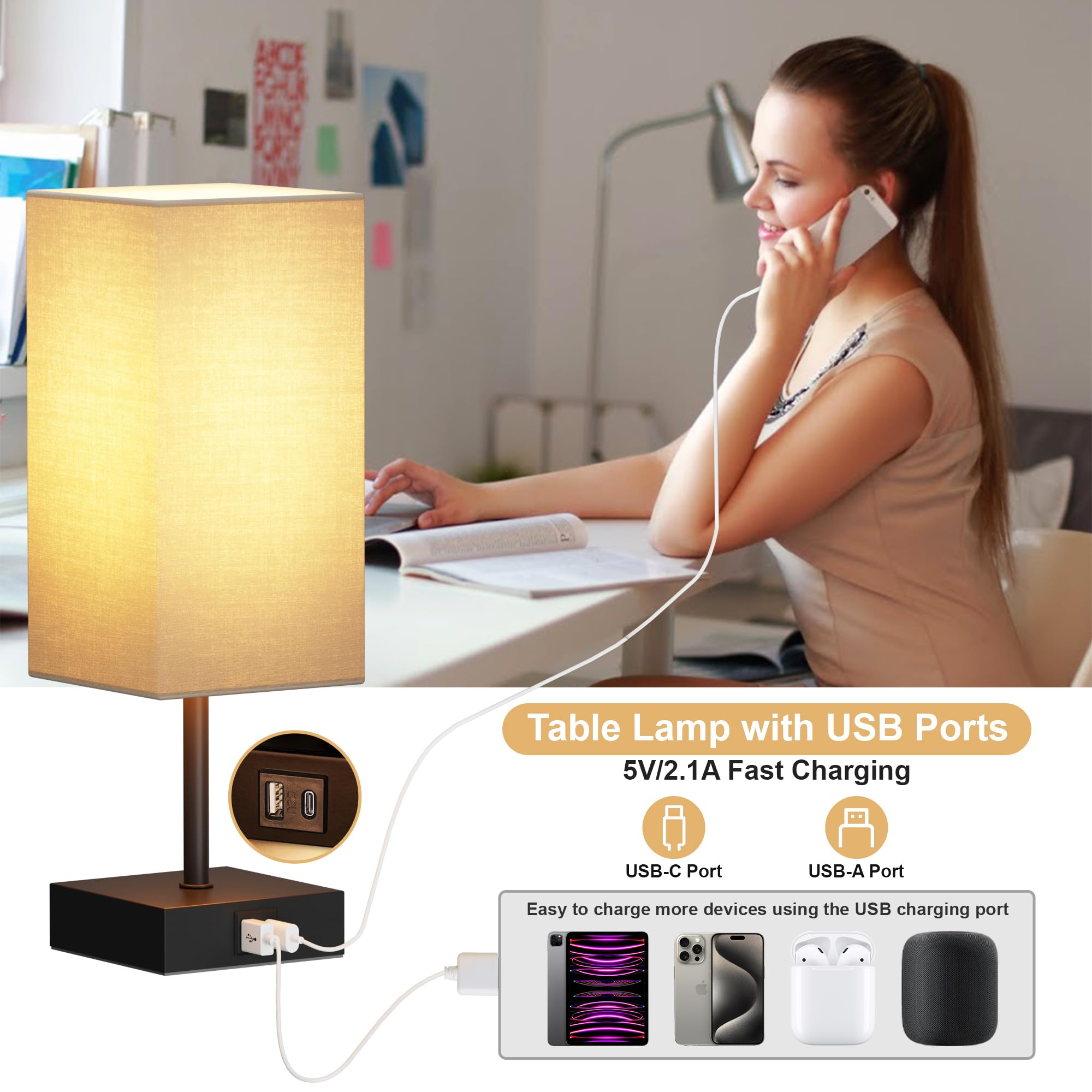 Sailstar Bedside Lamps, Table Lamp With Usb C+A Charging Ports, 3 Way Dimmable Touch Control, Small Nightstand Lamps For Bedroom