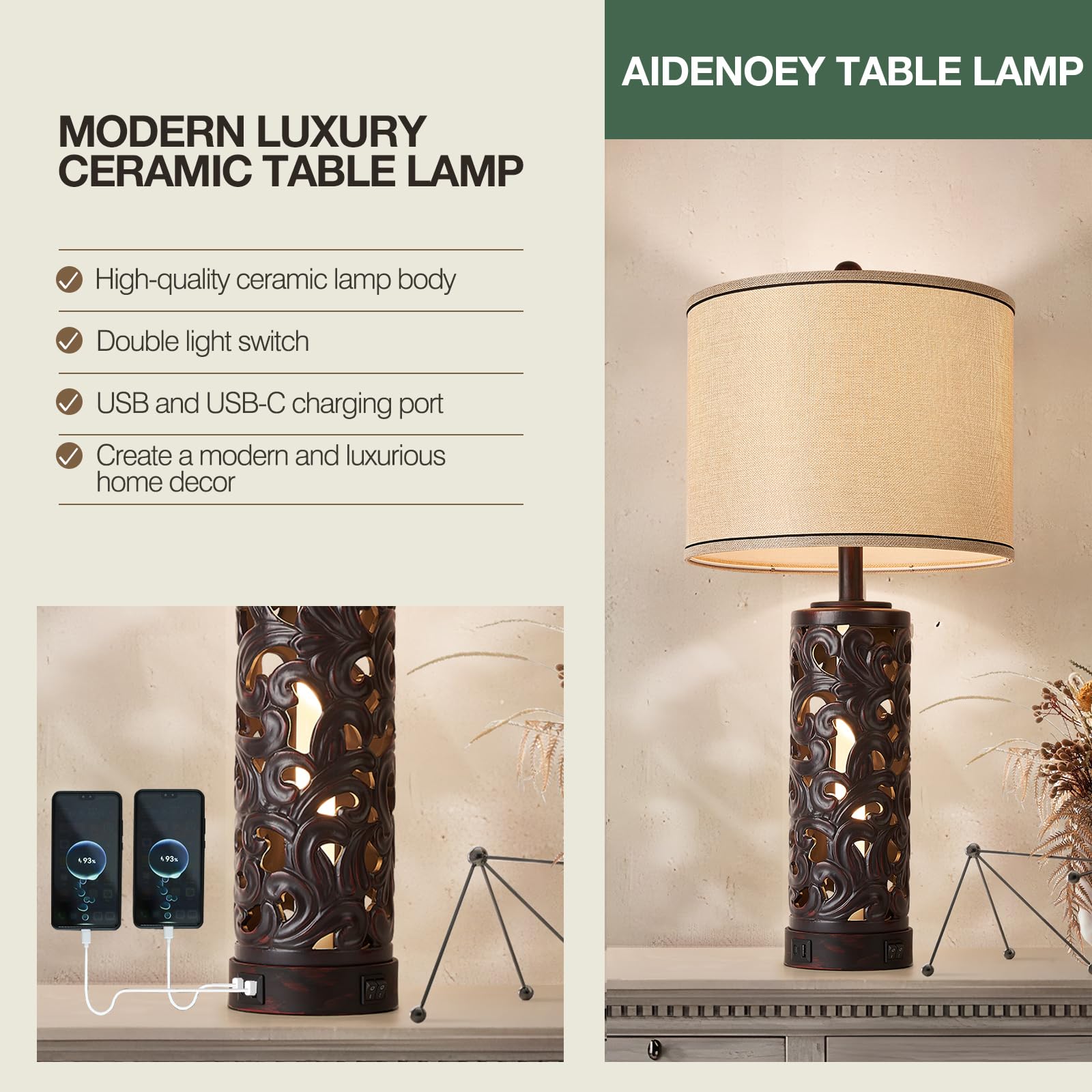 Aidenoey 28&quot; Brown Ceramic Table Lamps Set With Usb Ports & Fabric Shade, 2 Bulbs Included