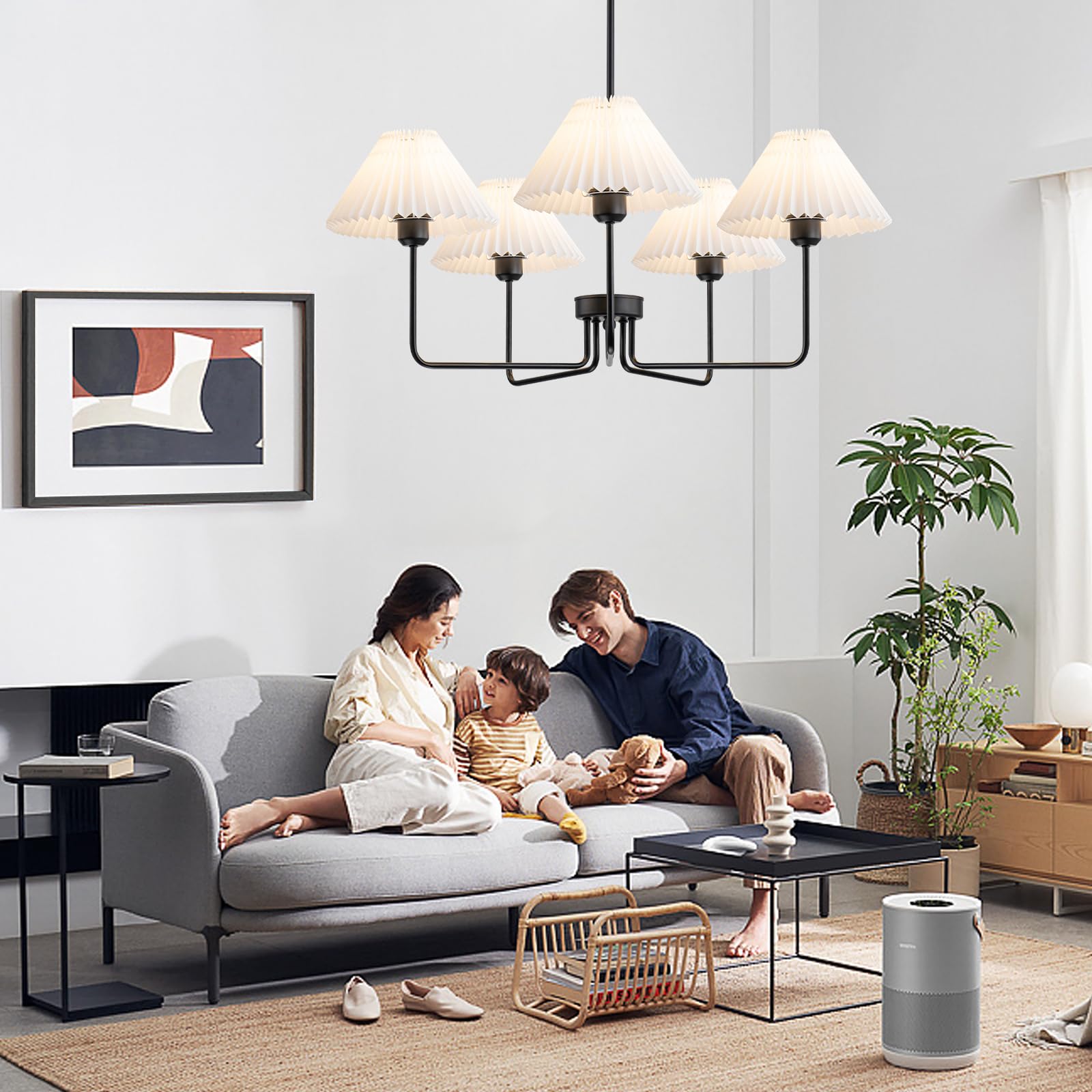 Fiyueoyi 5-Light Black Chandeliers, Modern Chandelier With White Pleated Fabric Shades, Dining Room Light Fixtures For Living Ro