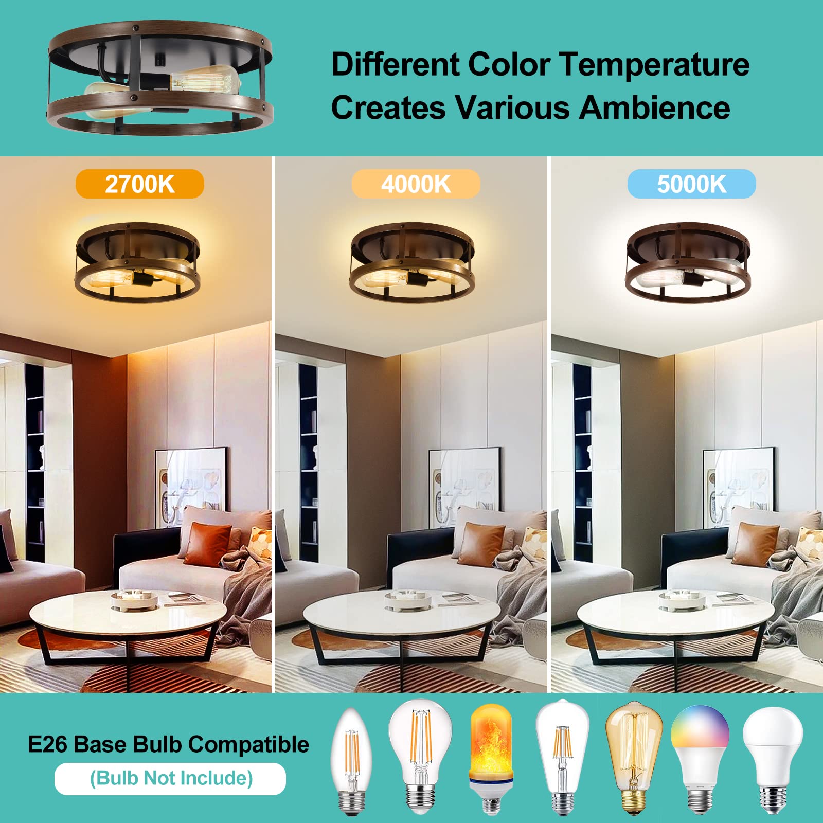 Eapudun Farmhouse 2-Light Flush Mount Ceiling Light, Matte Black & Wood, Retro Design