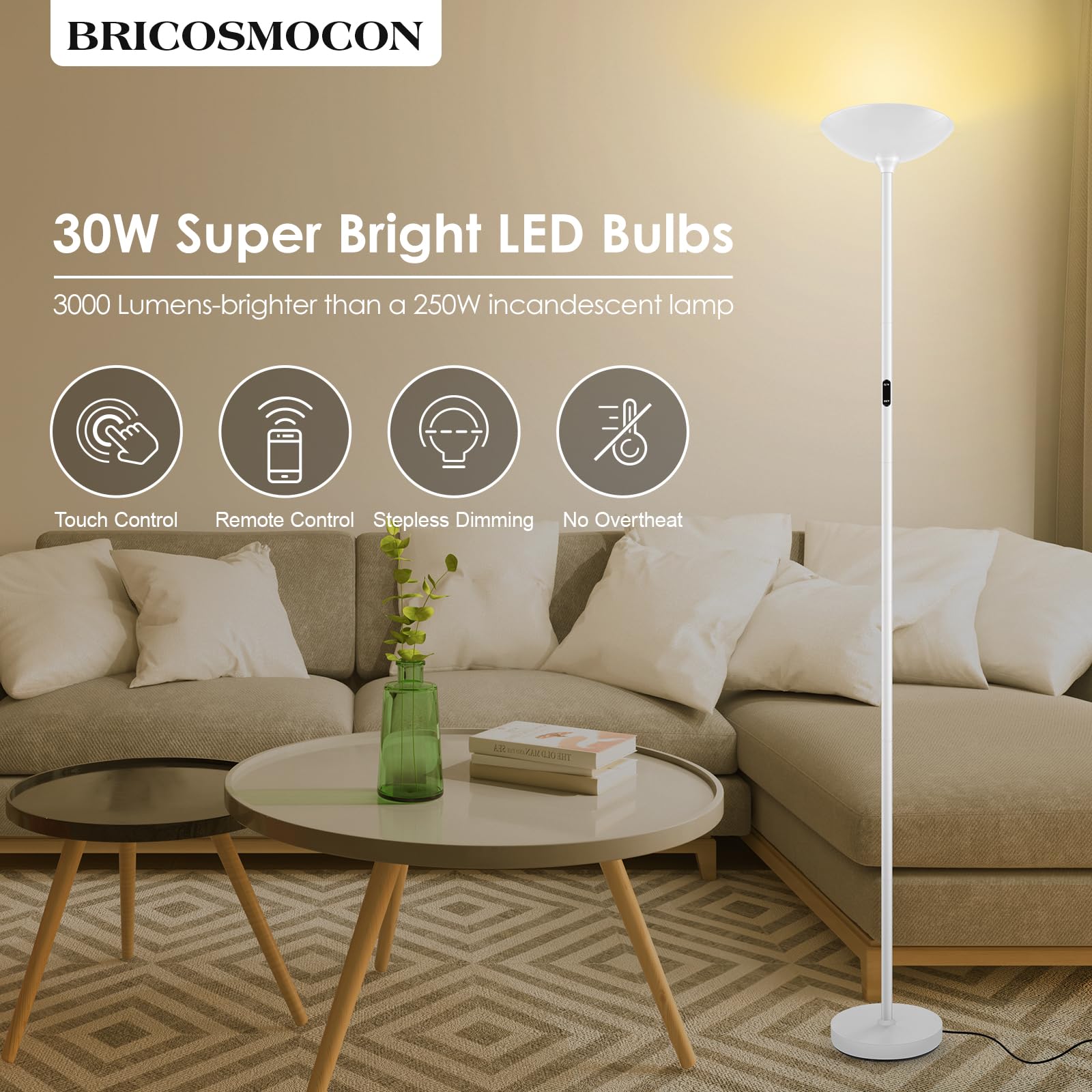 Bricosmocon 30W Dimmable Led Floor Lamp With Remote, 71&quot; Modern Torchiere For Living Room, White