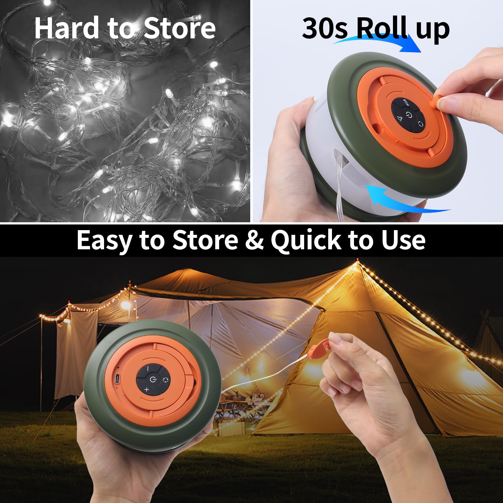 Phylosal Camping String Lights, 3 in 1 Outdoor Light, 6 Modes, 32.8FT, Rechargeable, Green&Orange, Model Ph-L26-Warm-Green&