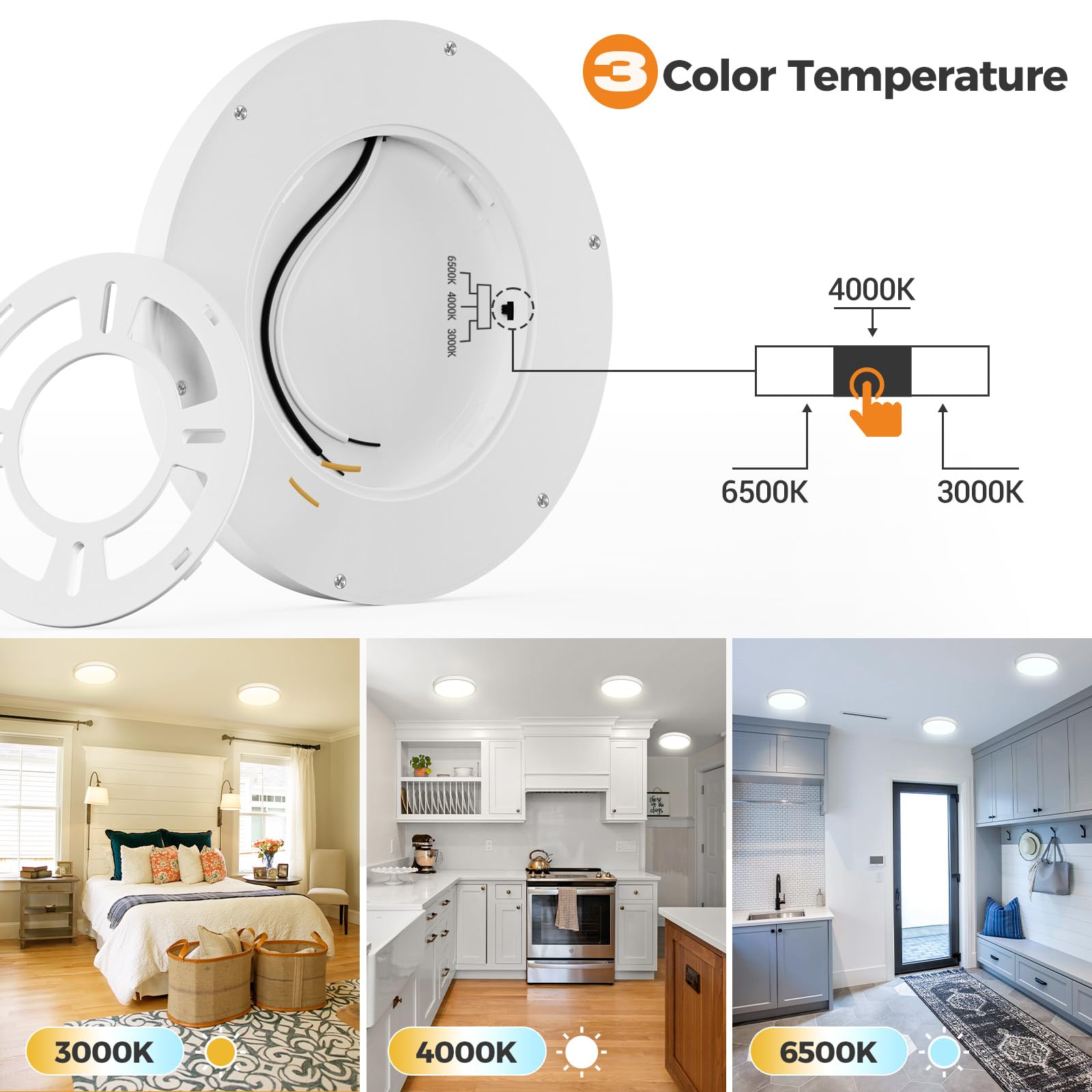 Slochi Flush Mount Ceiling Light Fixtures - 3000K-4000K-6500K & 100W Equivalent Flat Led Lights For Room Ceiling,Ultra Thin Roun